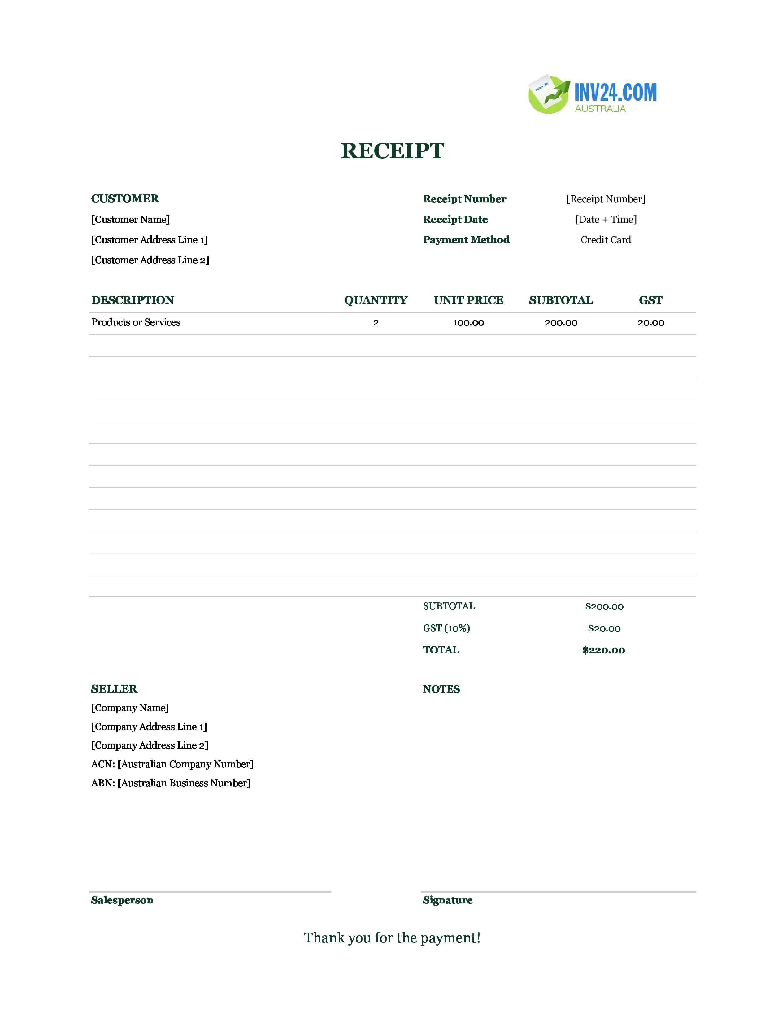 Credit Card Receipt Template for Australia (Excel / Google Sheets)