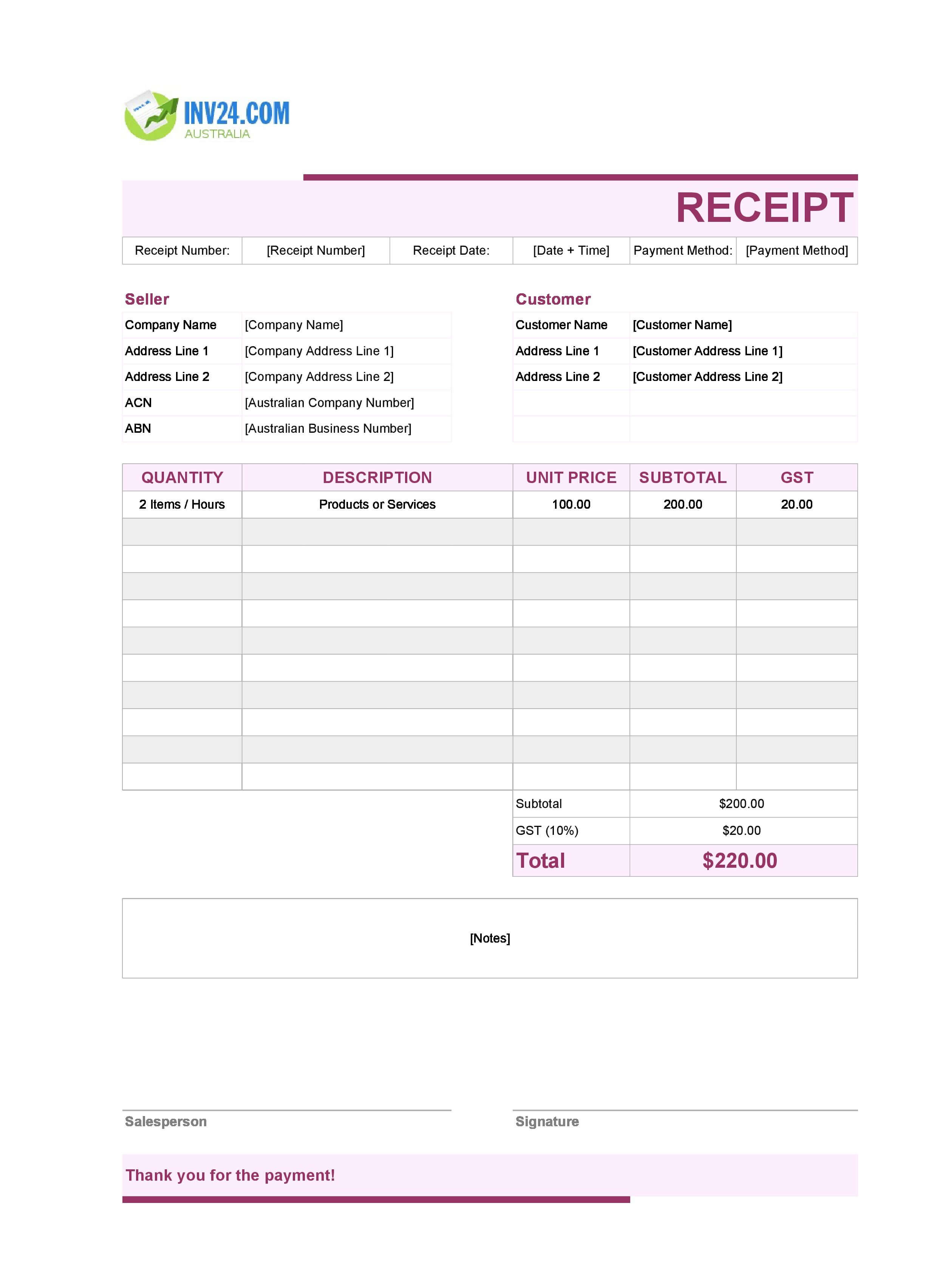 Cute Receipt Template for Australia (Excel / Google Sheets)