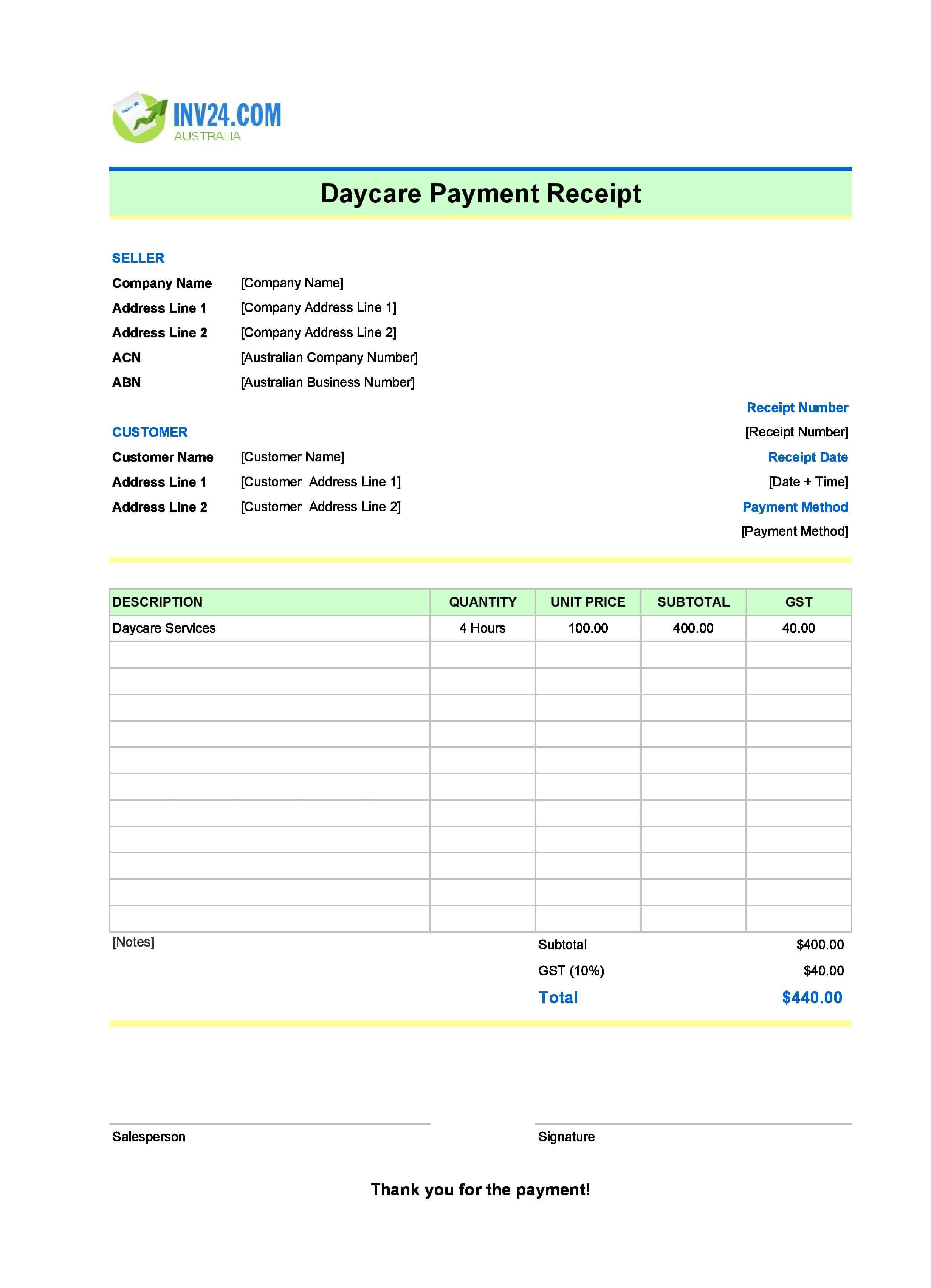 Daycare Payment Receipt Template for Australia (Excel / Google Sheets)