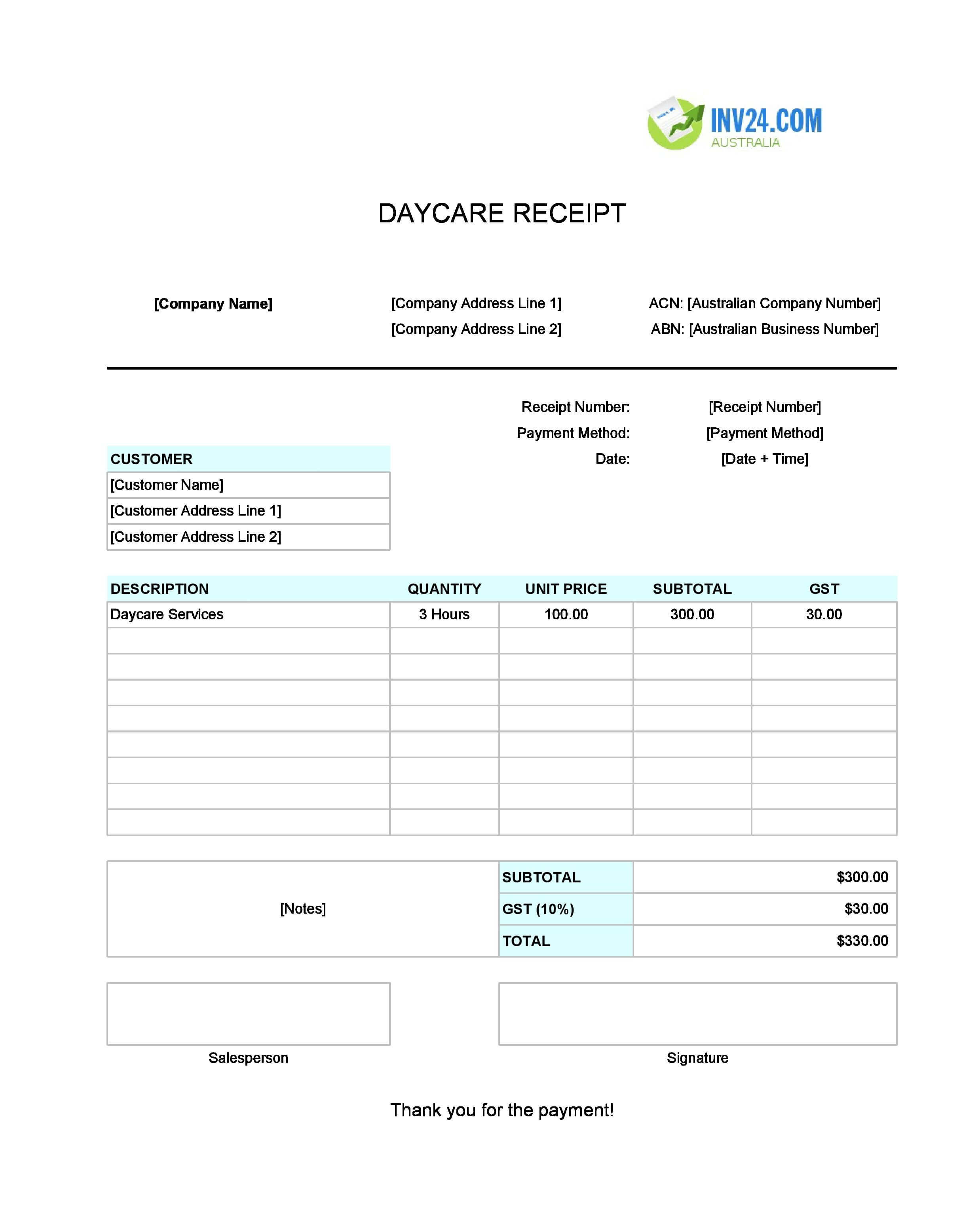 Daycare Receipt Template for Australia (Excel / Google Sheets)