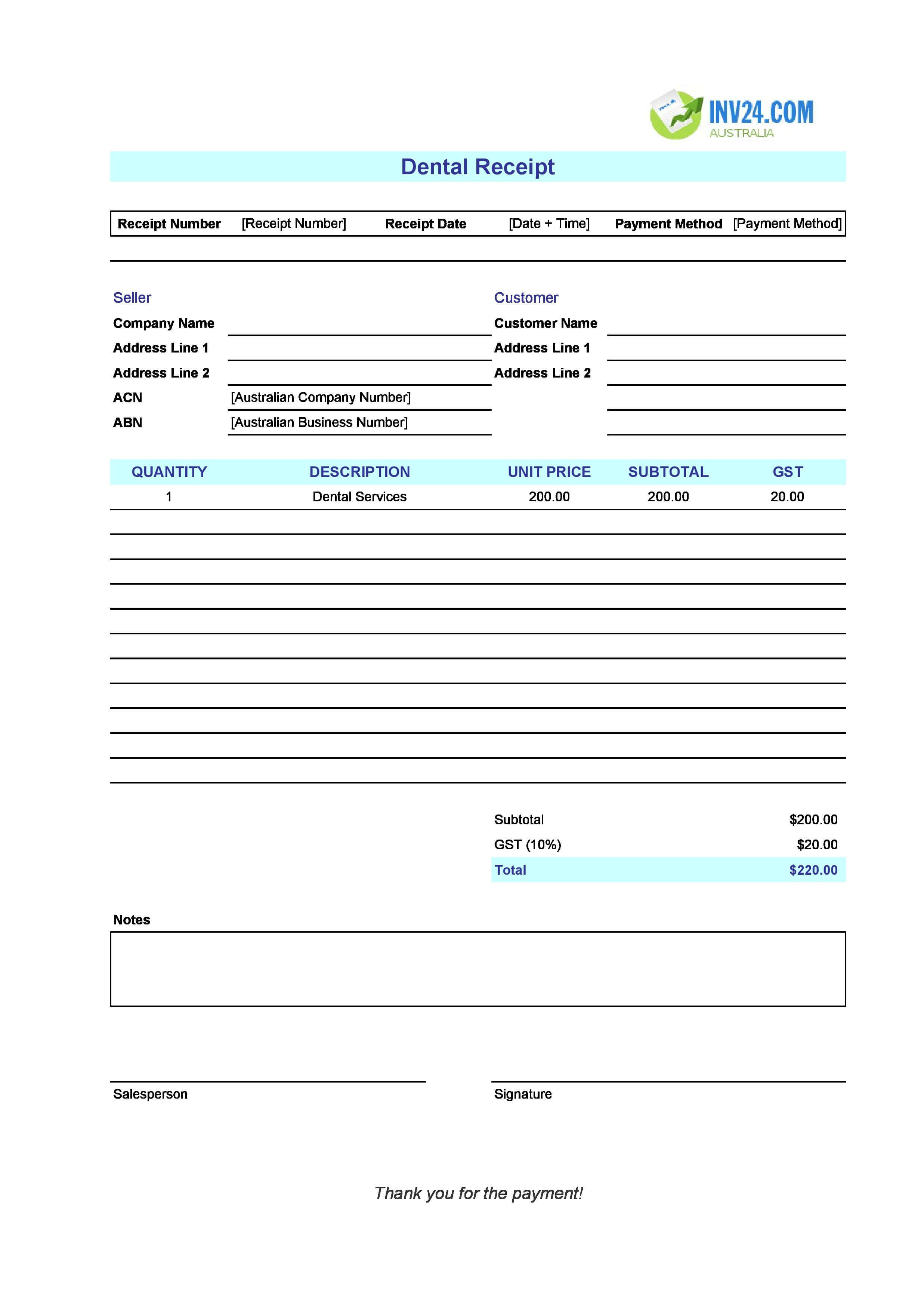 Dental Receipt Template for Australia (Excel / Google Sheets)