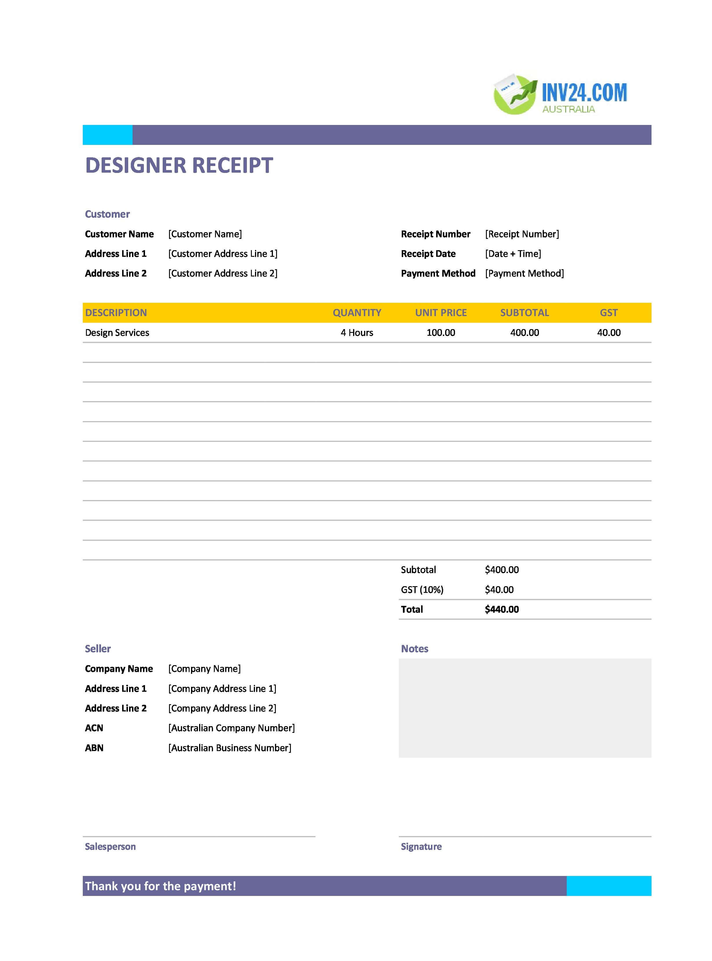 Designer Receipt Template for Australia (Excel / Google Sheets)