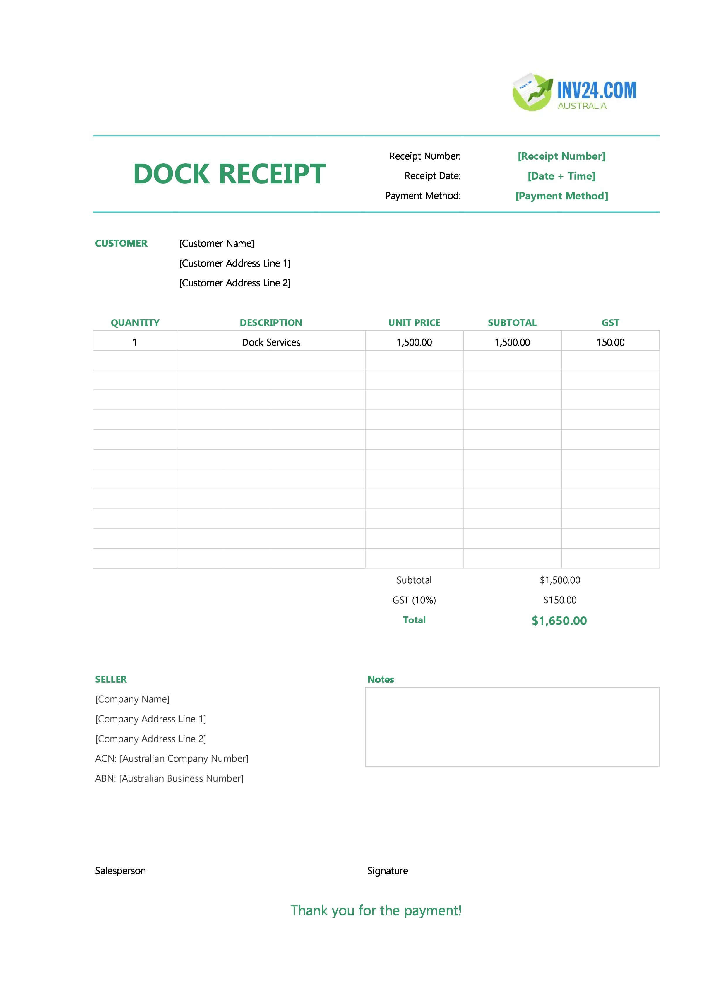 Dock Receipt Template for Australia (Excel / Google Sheets)