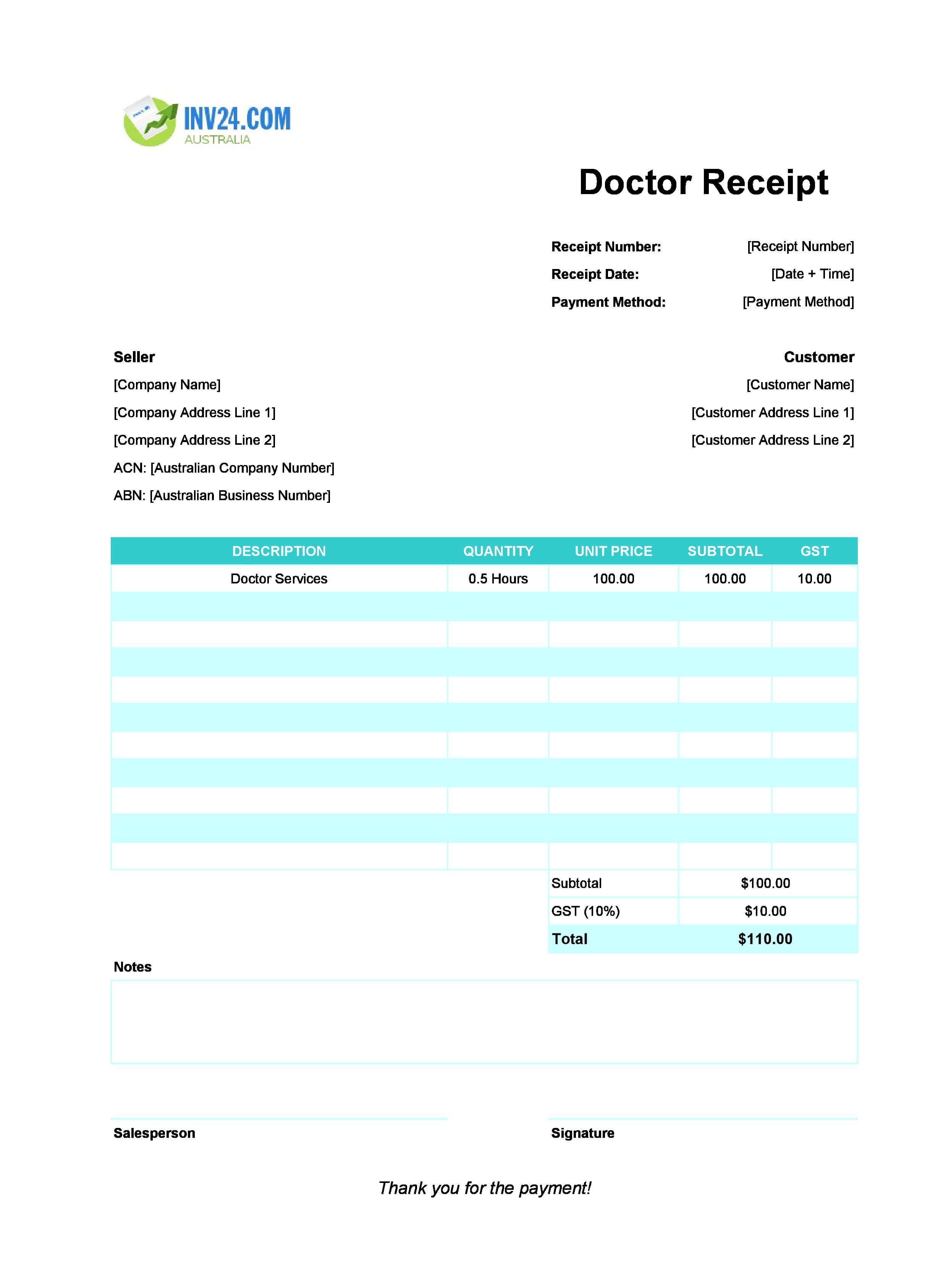 Doctor Receipt Template for Australia (Excel / Google Sheets)