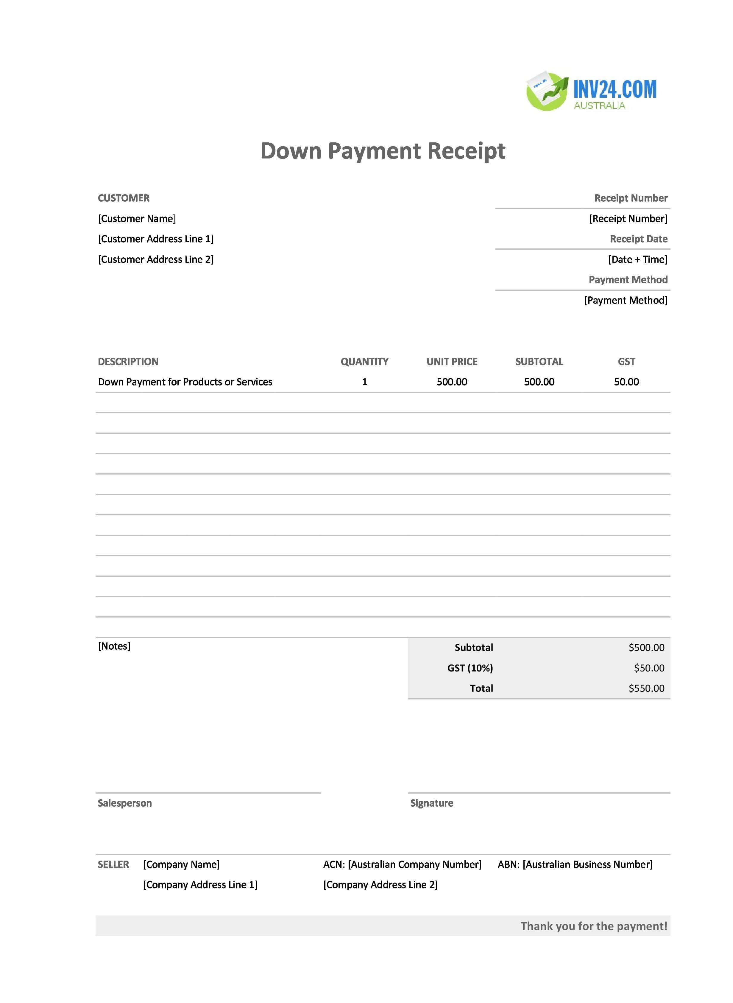 Down Payment Receipt Template for Australia (Excel / Google Sheets)