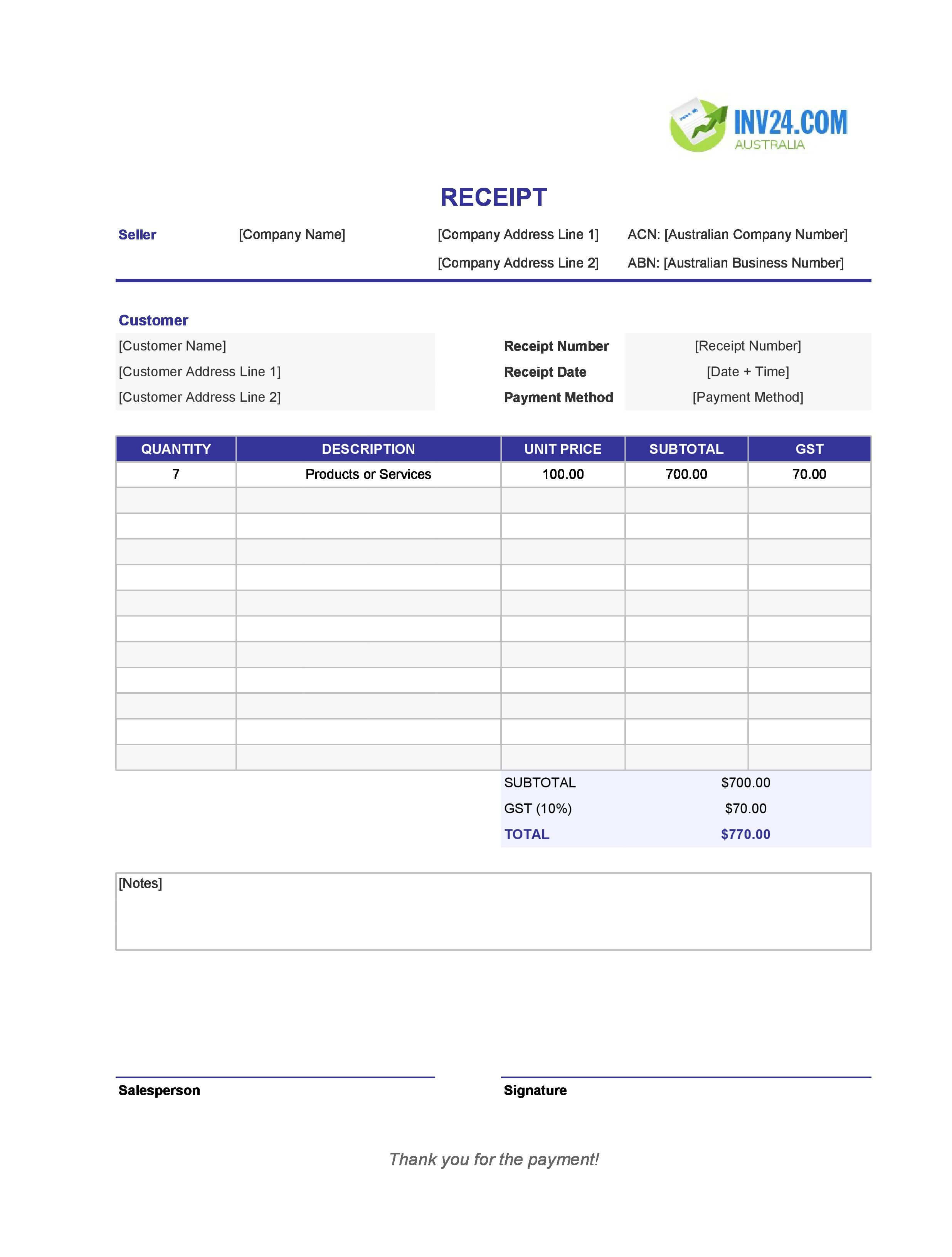 Downloadable Receipt Template for Australia (Excel / Google Sheets)