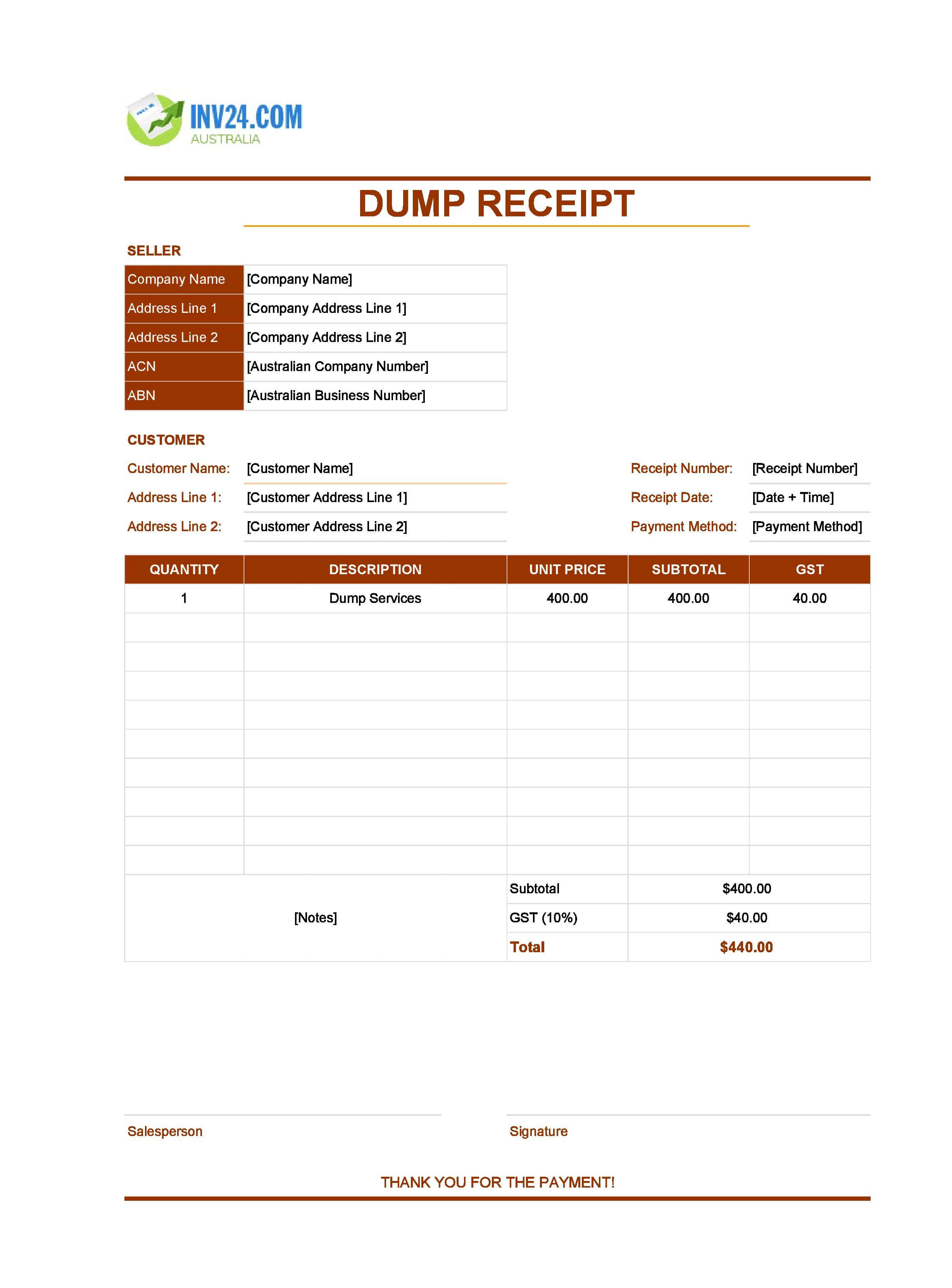 Dump Receipt Template for Australia (Excel / Google Sheets)