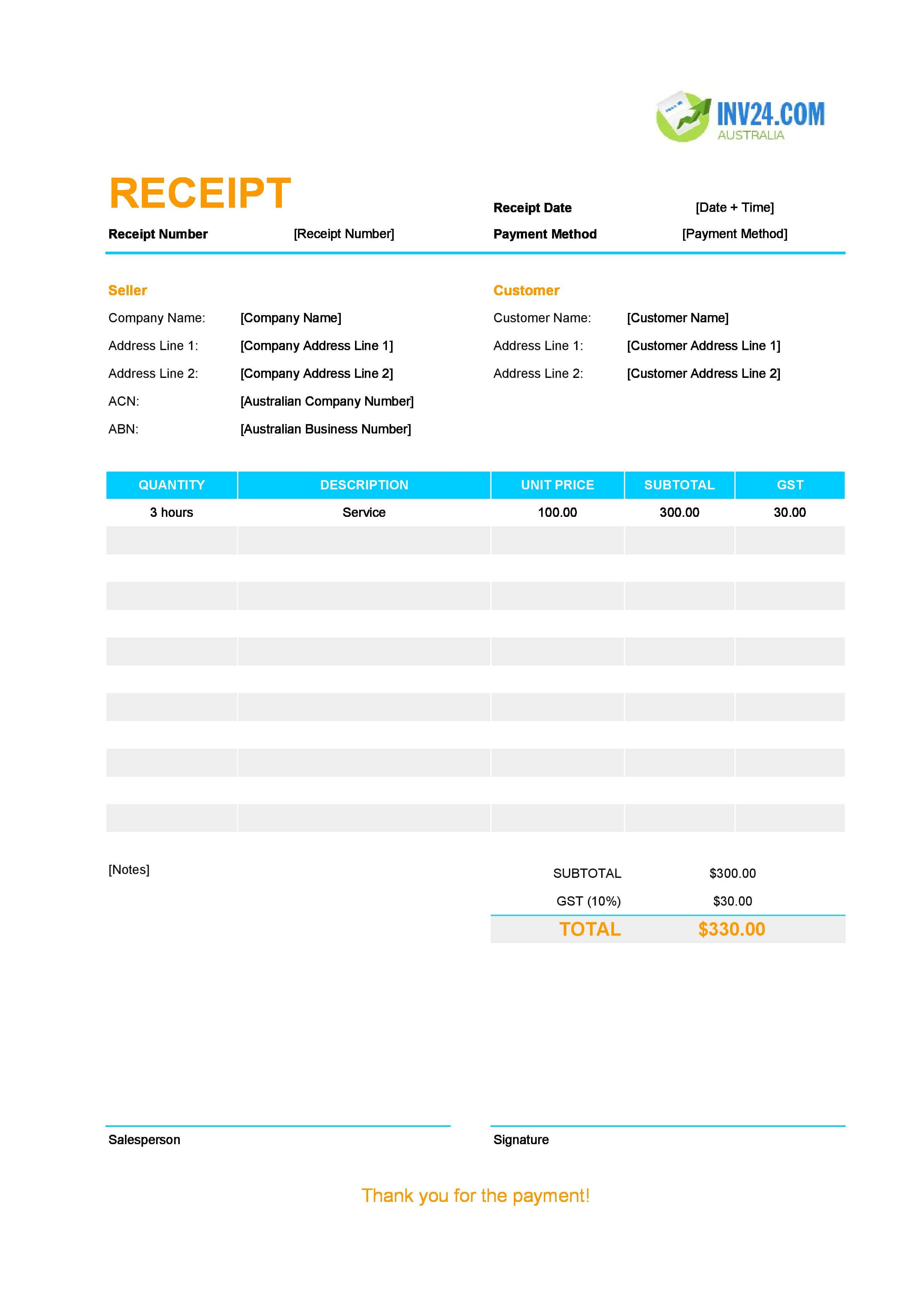 Editable Receipt Template for Australia (Excel / Google Sheets)