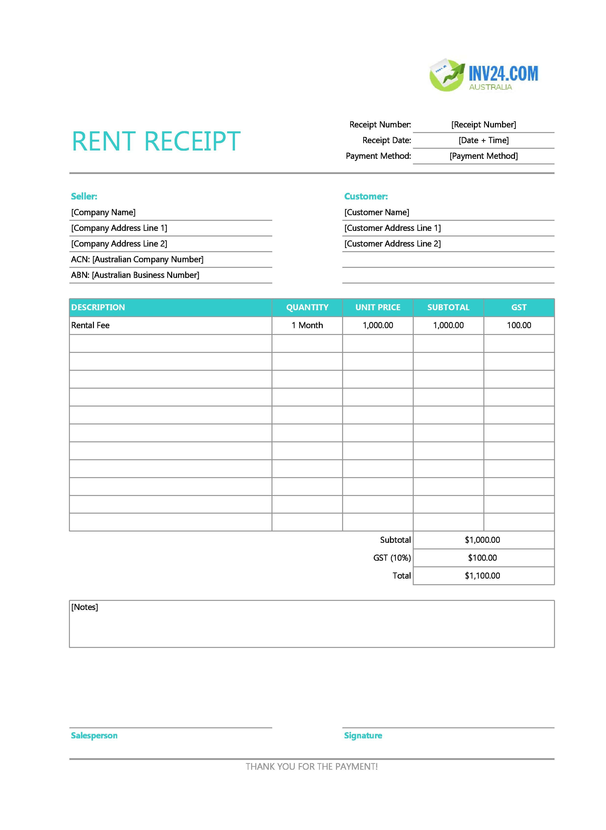 Editable Rent Receipt Template for Australia (Excel / Google Sheets)