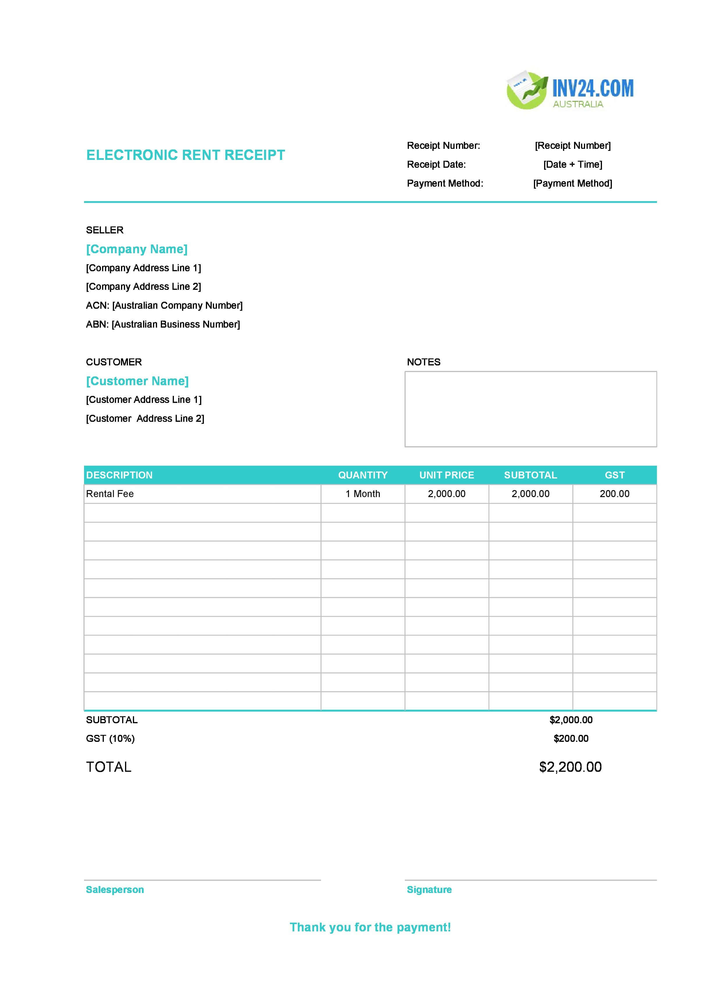 Electronic Rent Receipt Template for Australia (Excel / Google Sheets)
