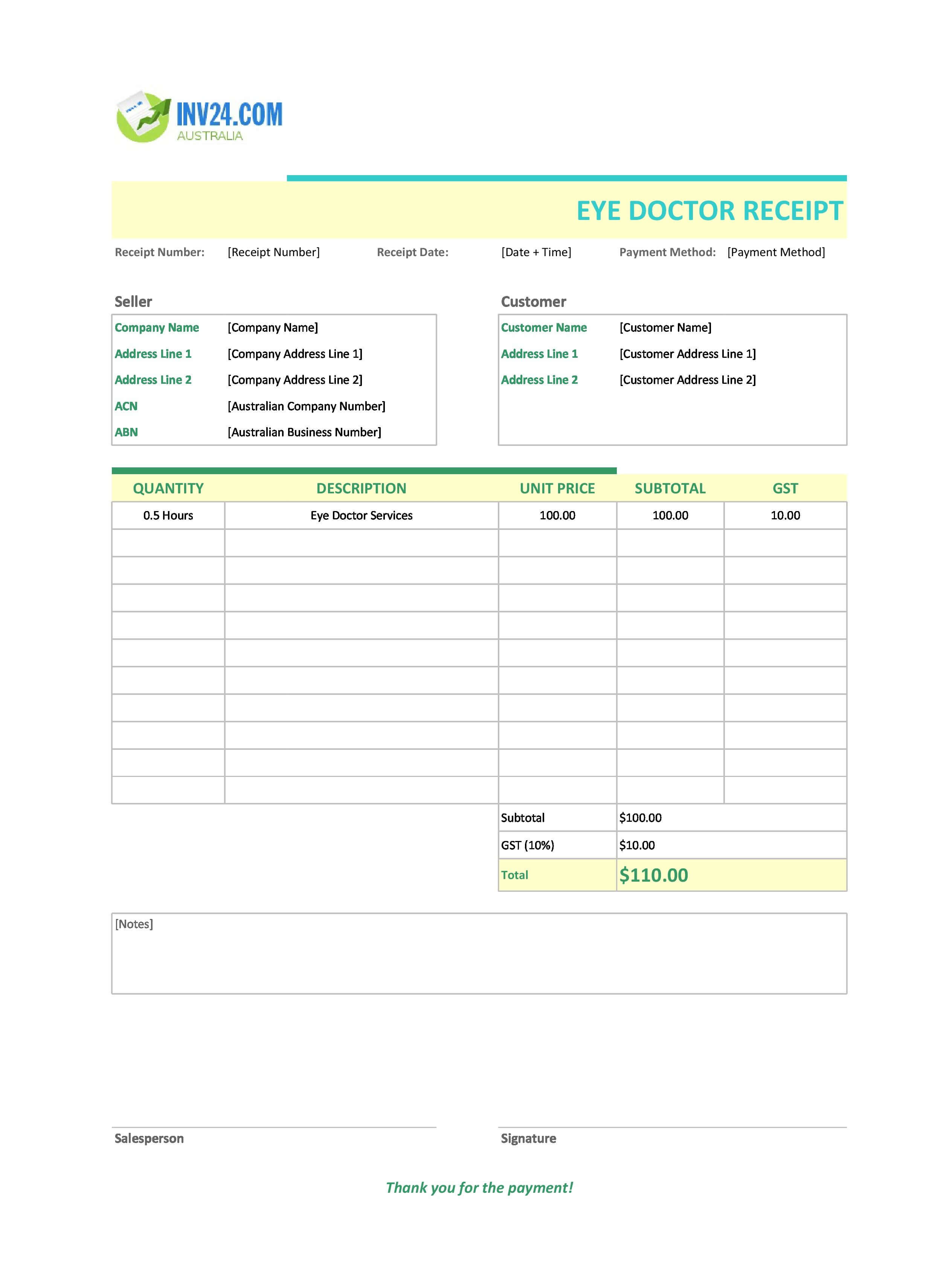 Eye Doctor Receipt Template for Australia (Excel / Google Sheets)