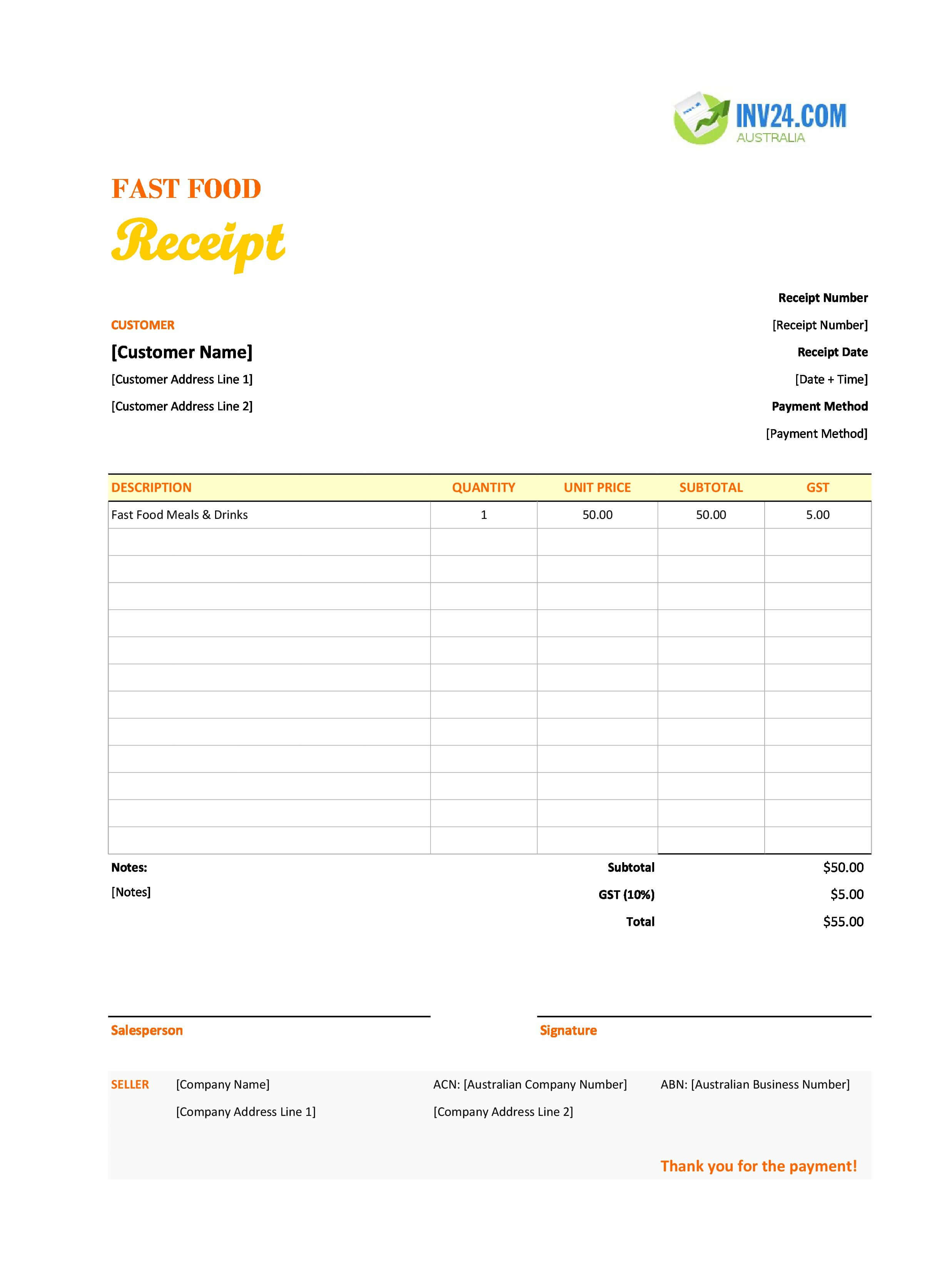 Fast Food Receipt Template for Australia (Excel / Google Sheets)