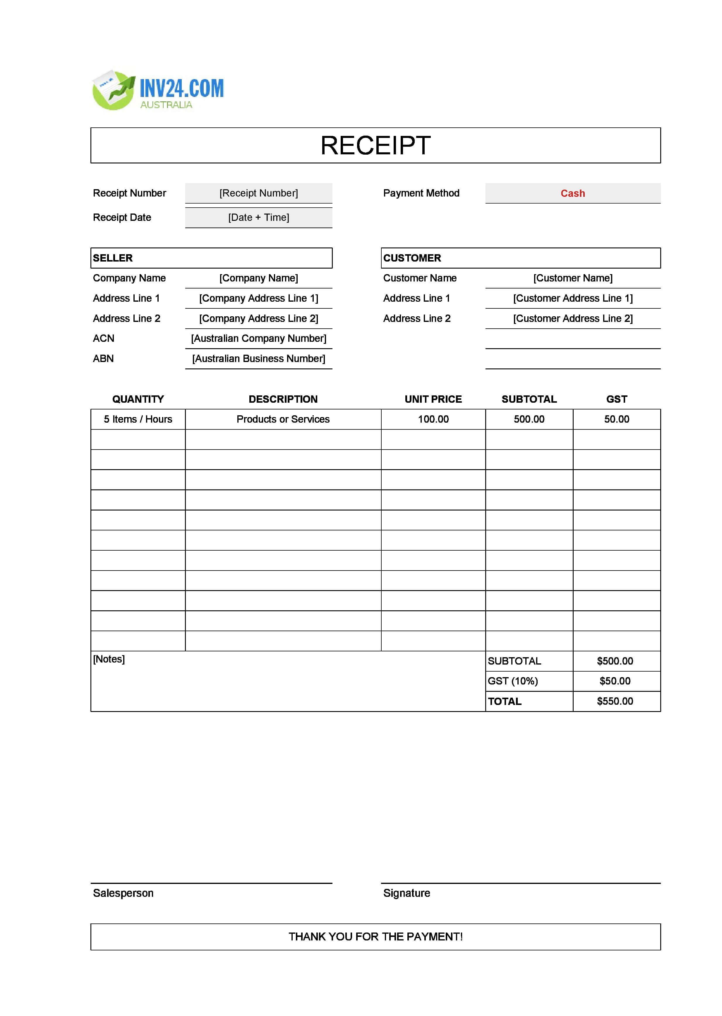 Fillable Cash Receipt Template for Australia (Excel / Google Sheets)