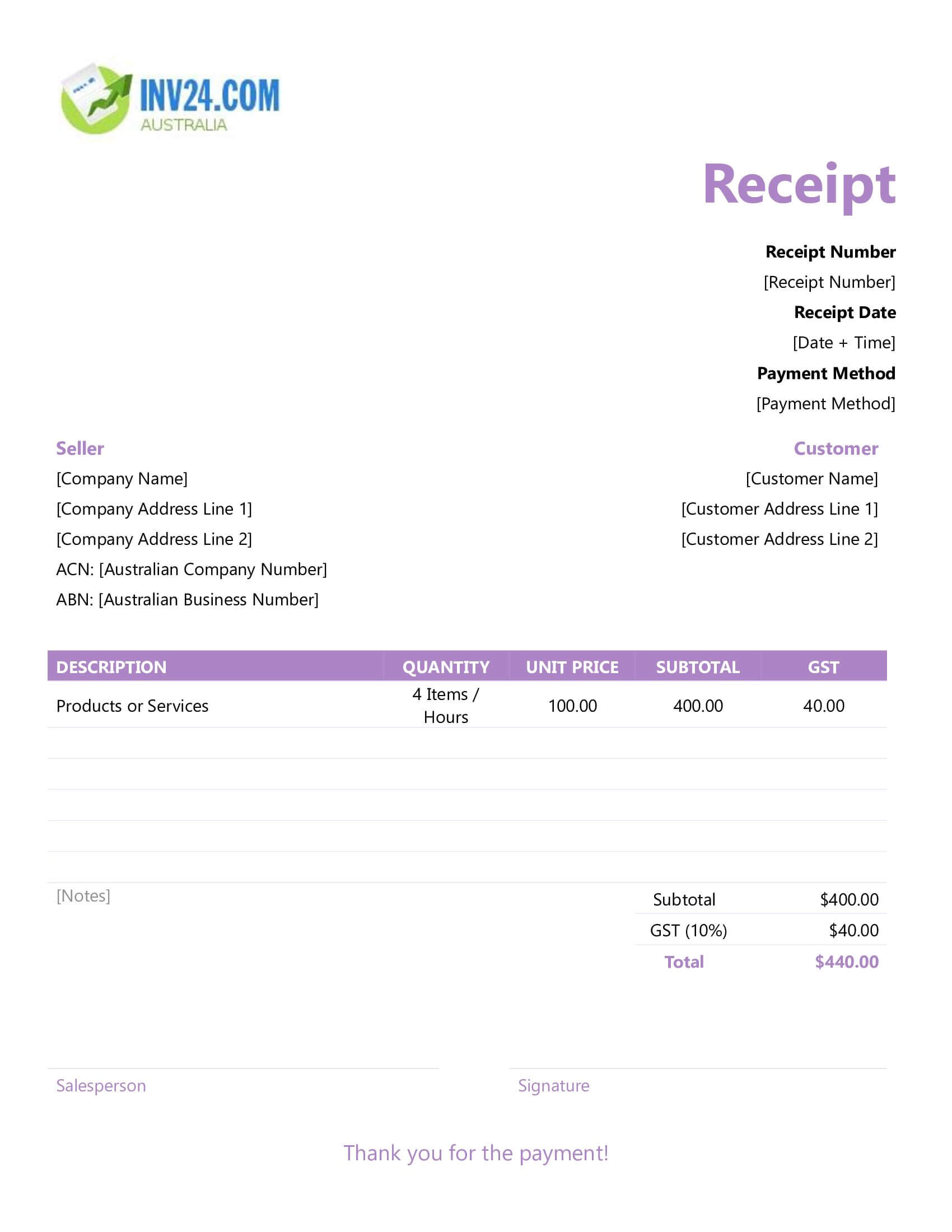 Fillable Receipt Template for Australia (Word / Google Docs)