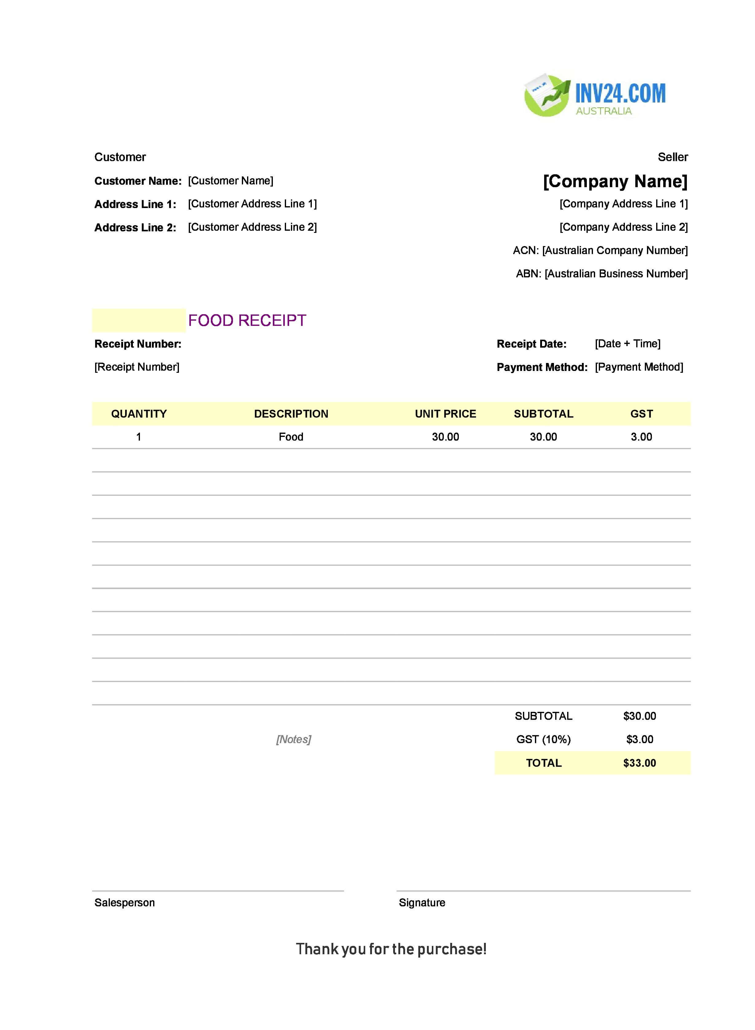 Food Receipt Template for Australia (Excel / Google Sheets)