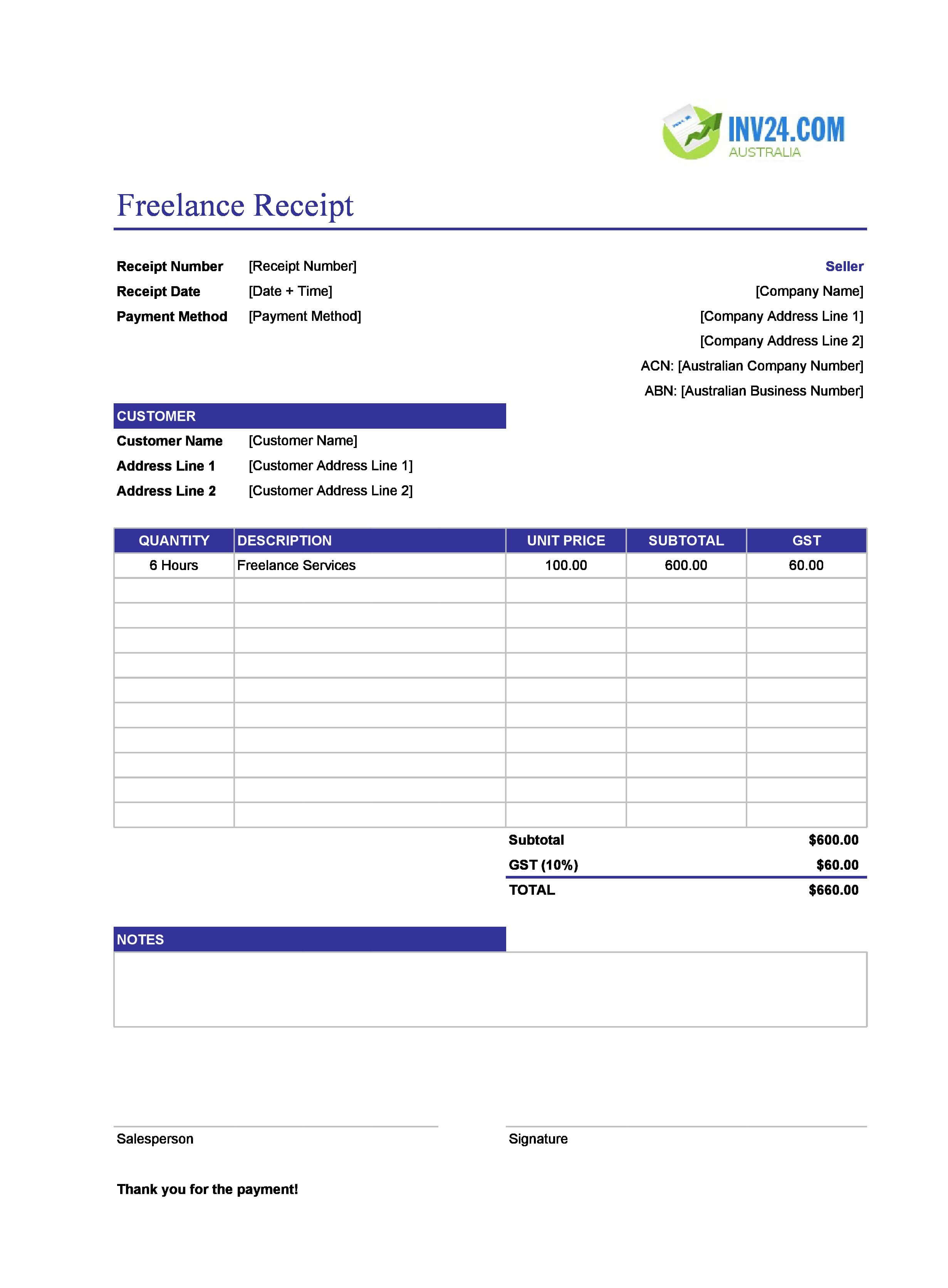 Freelance Receipt Template for Australia (Excel / Google Sheets)