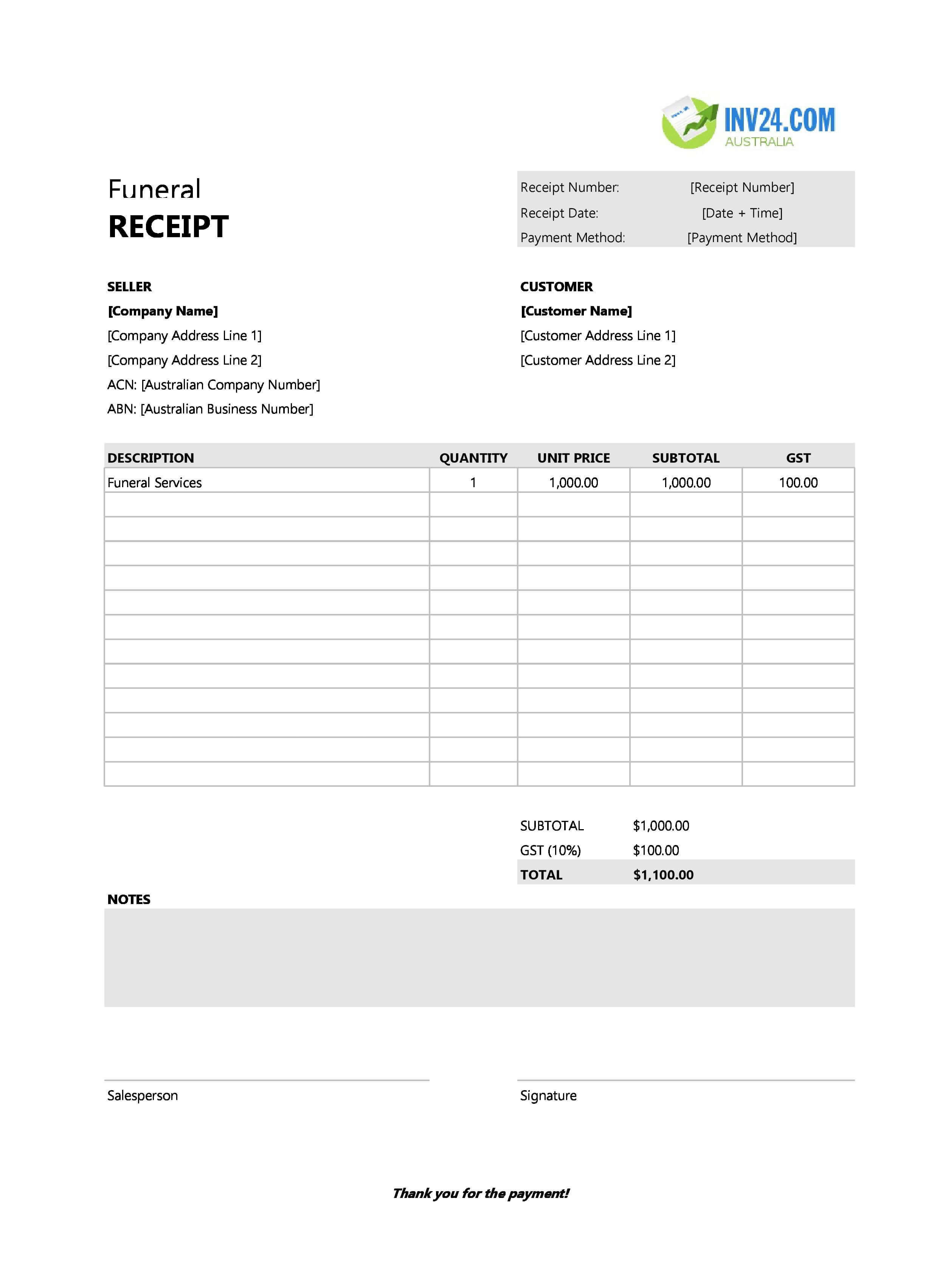 Funeral Receipt Template for Australia (Excel / Google Sheets)