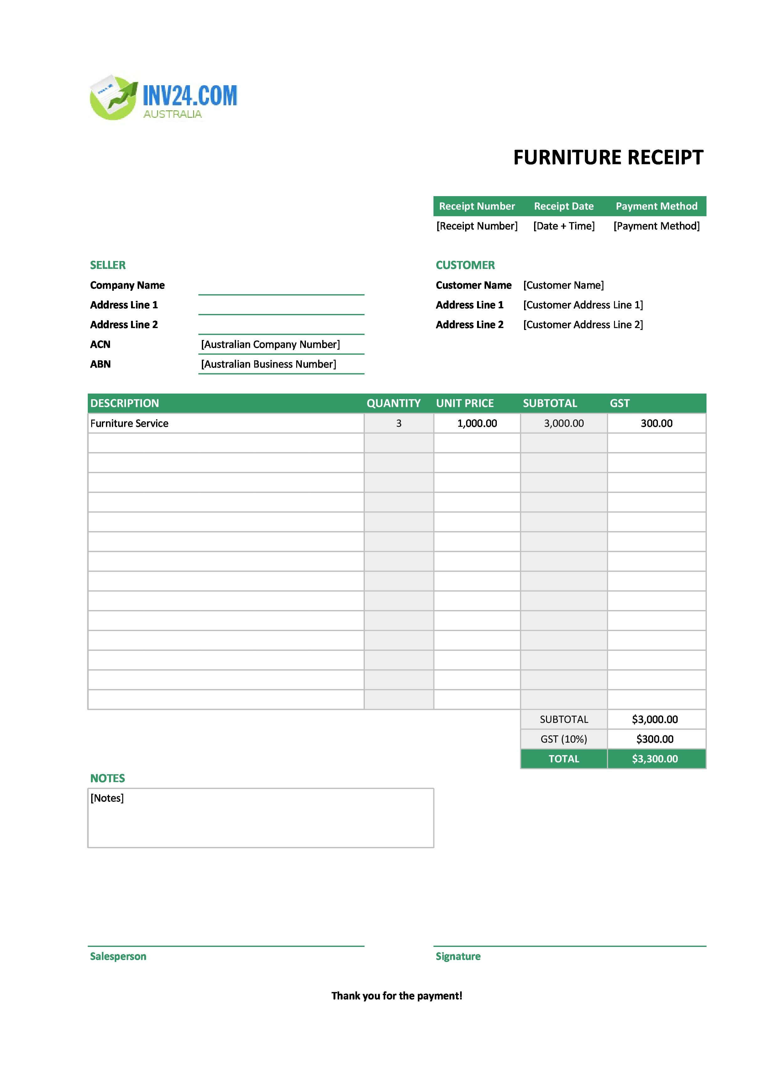 Furniture Receipt Template for Australia (Excel / Google Sheets)