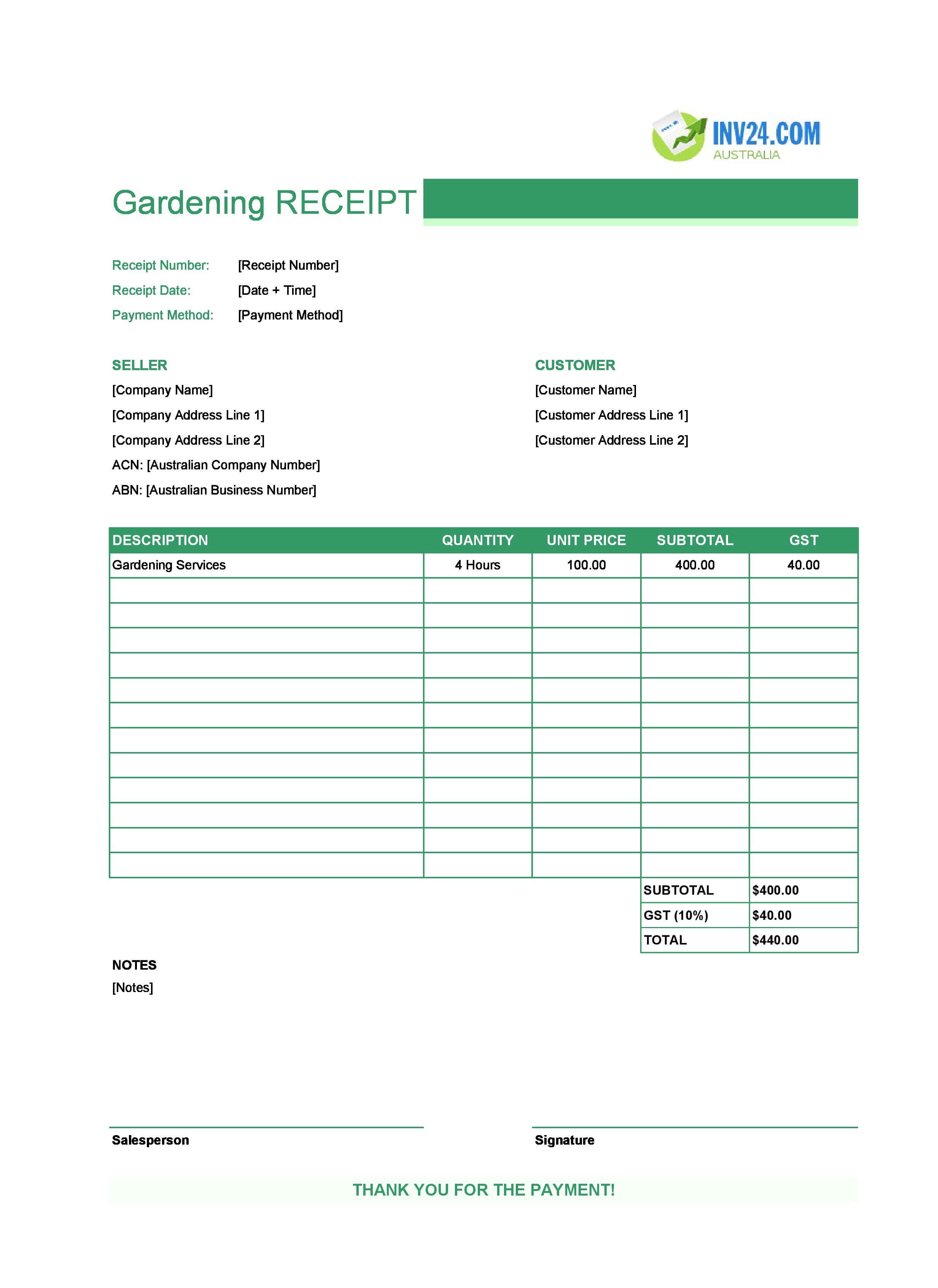 Gardening Receipt Template for Australia (Excel / Google Sheets)