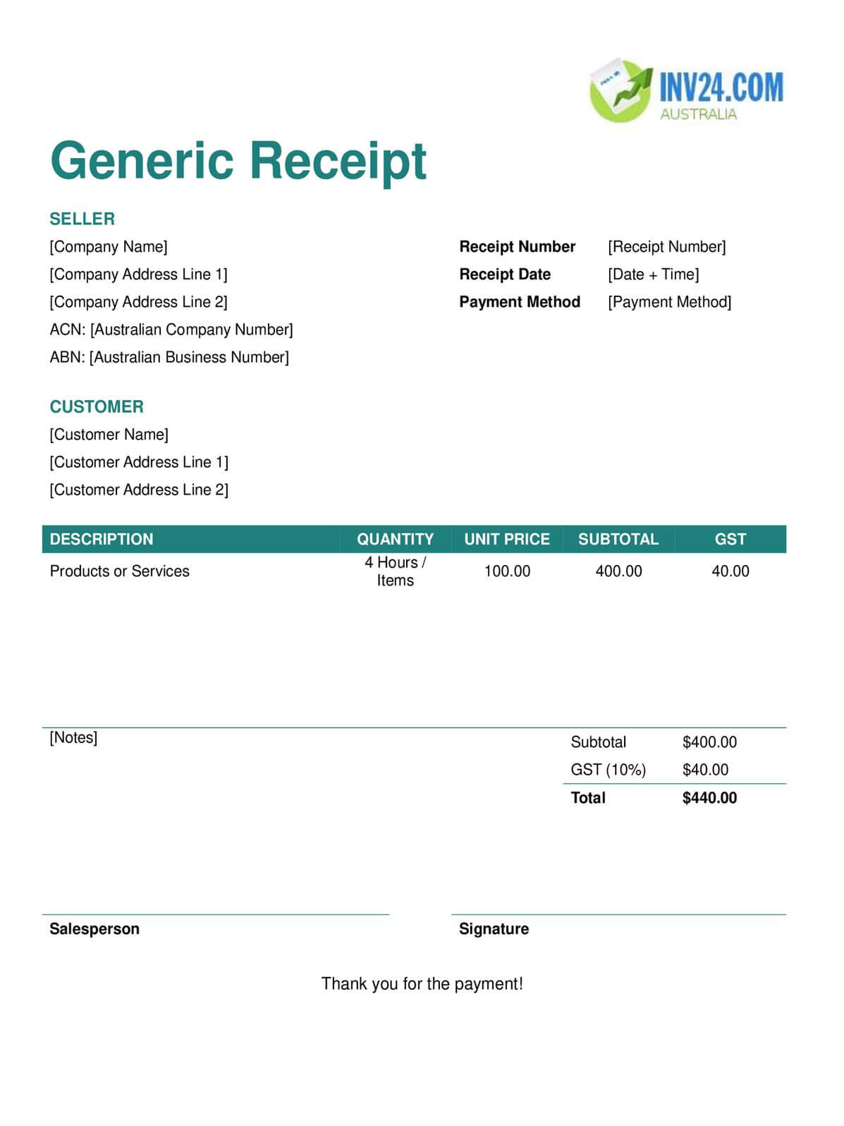 Generic Receipt Template for Australia (Word / Google Docs) Generic Receipt Template for Australia (Word / Google Docs)