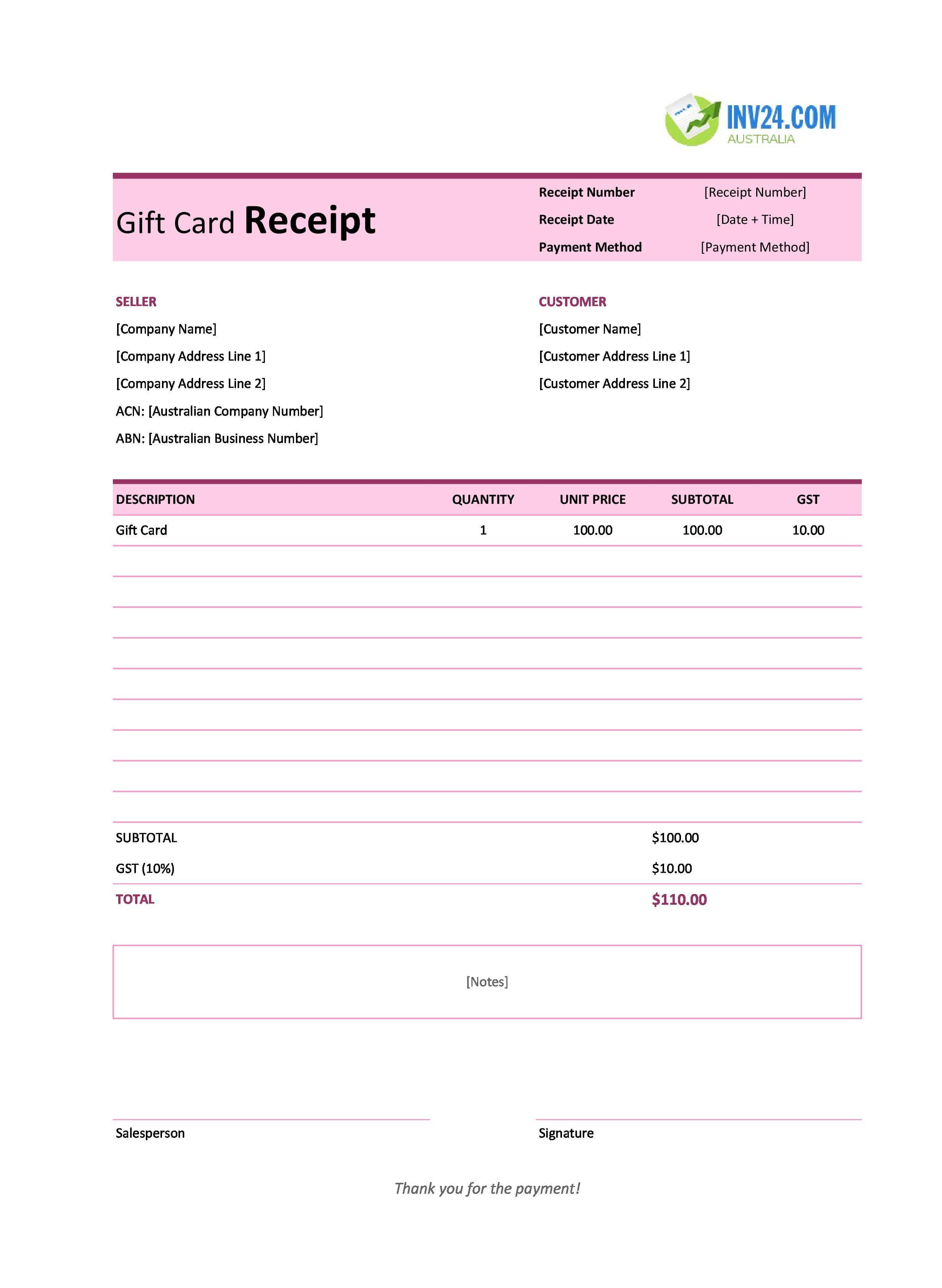 Gift Card Receipt Template for Australia (Excel / Google Sheets)
