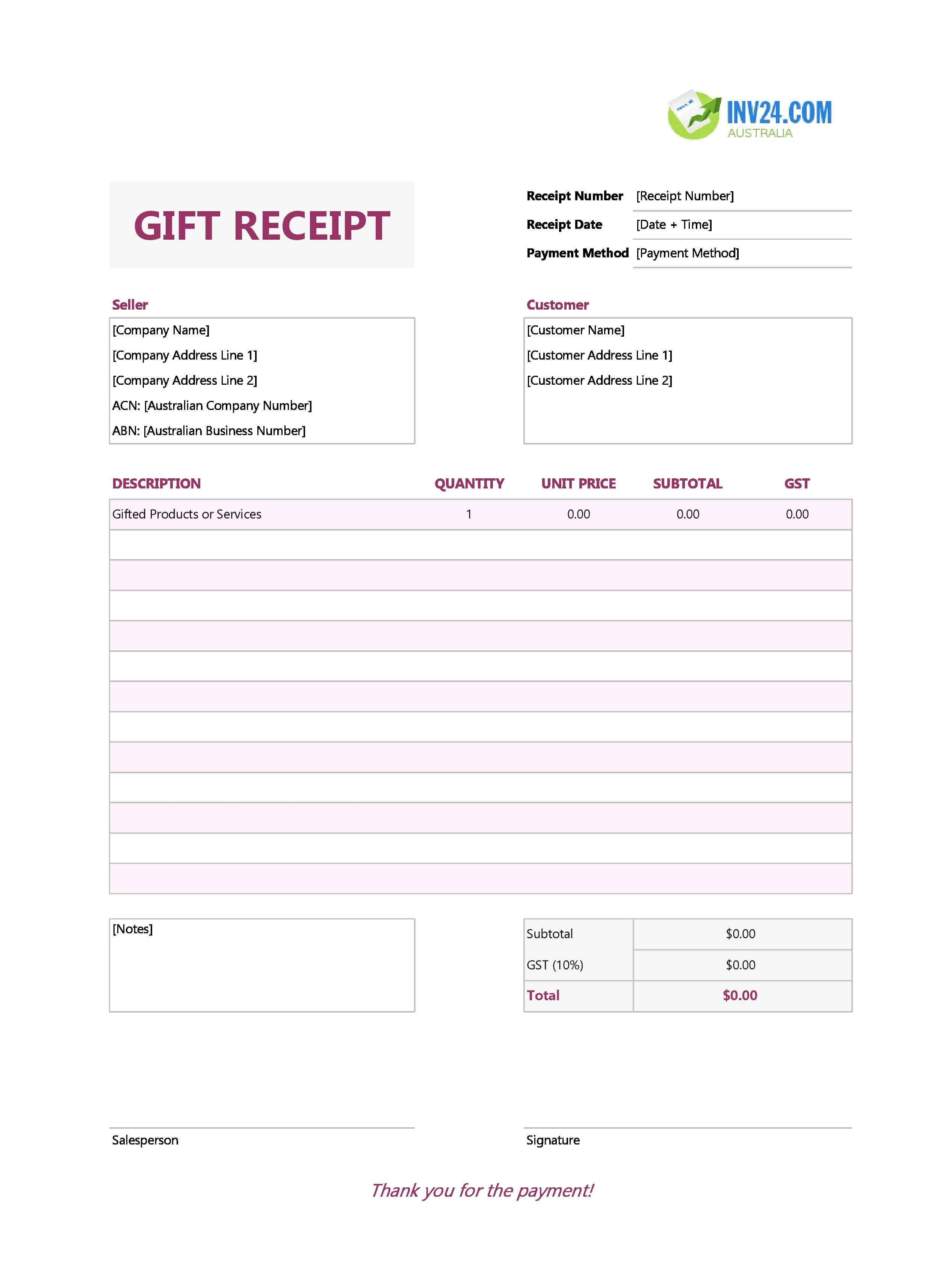Gift Receipt Template for Australia (Excel / Google Sheets)