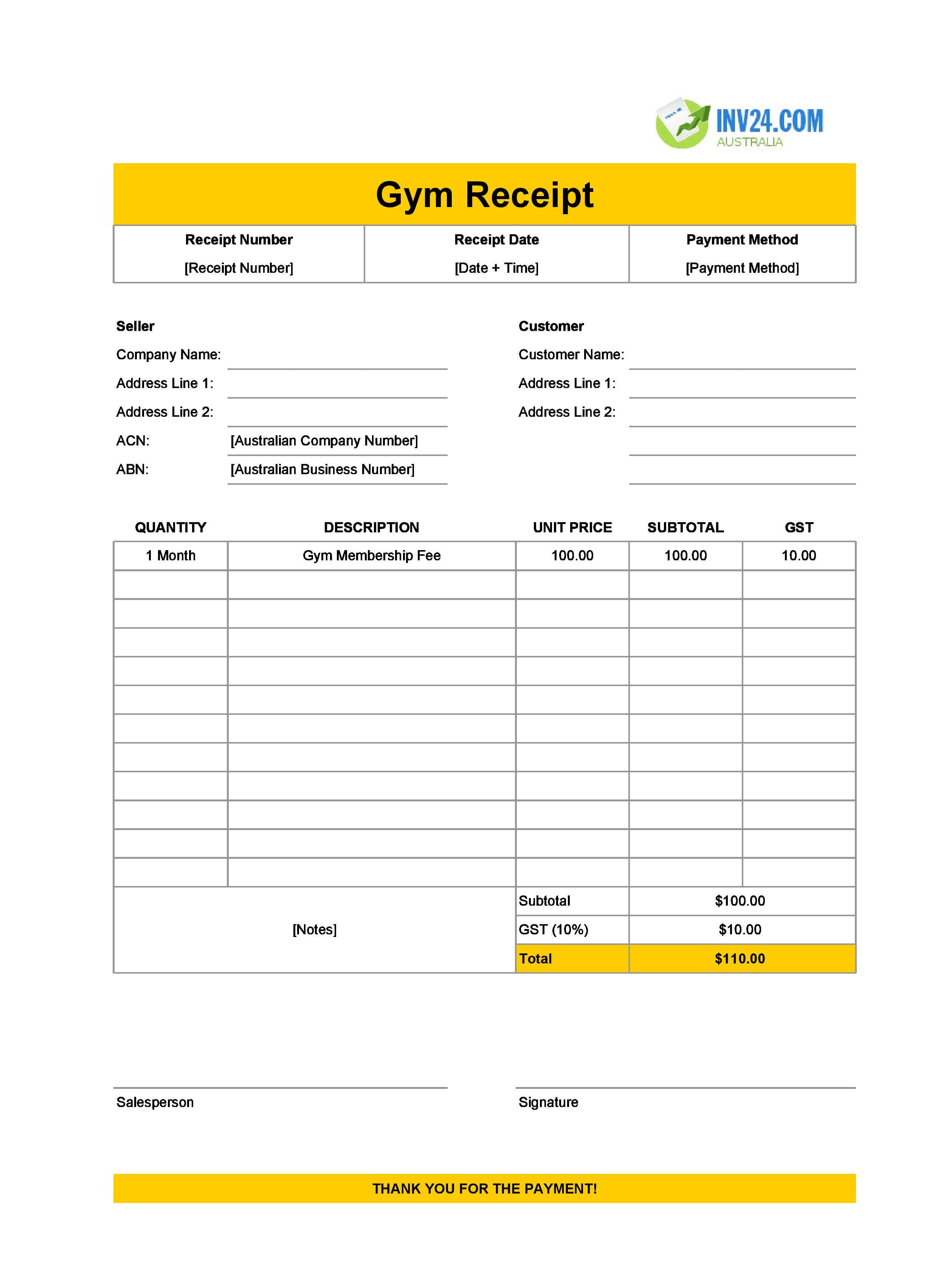 Gym Receipt Template for Australia (Excel / Google Sheets)
