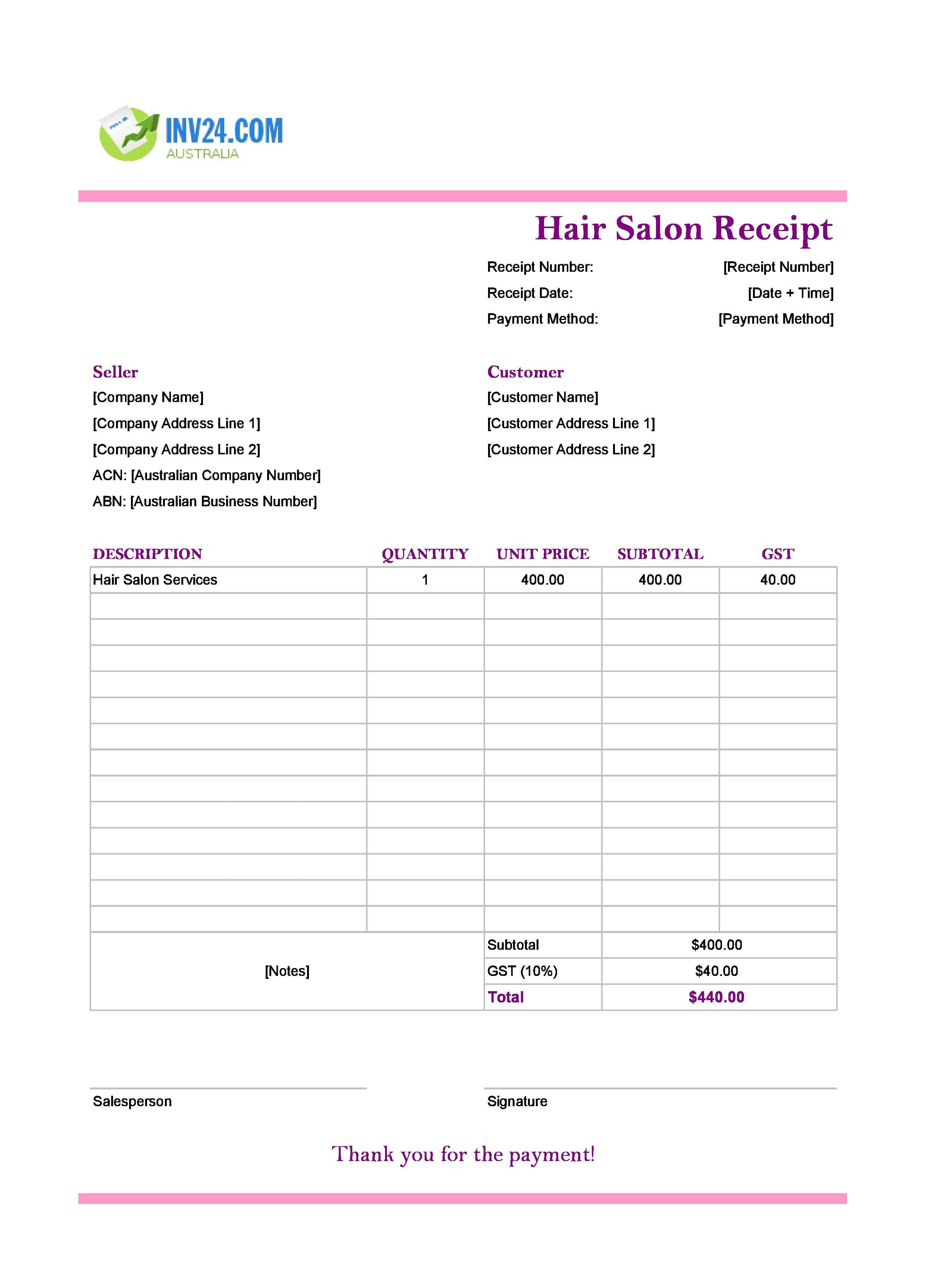 Hair Salon Receipt Template for Australia (Excel / Google Sheets)