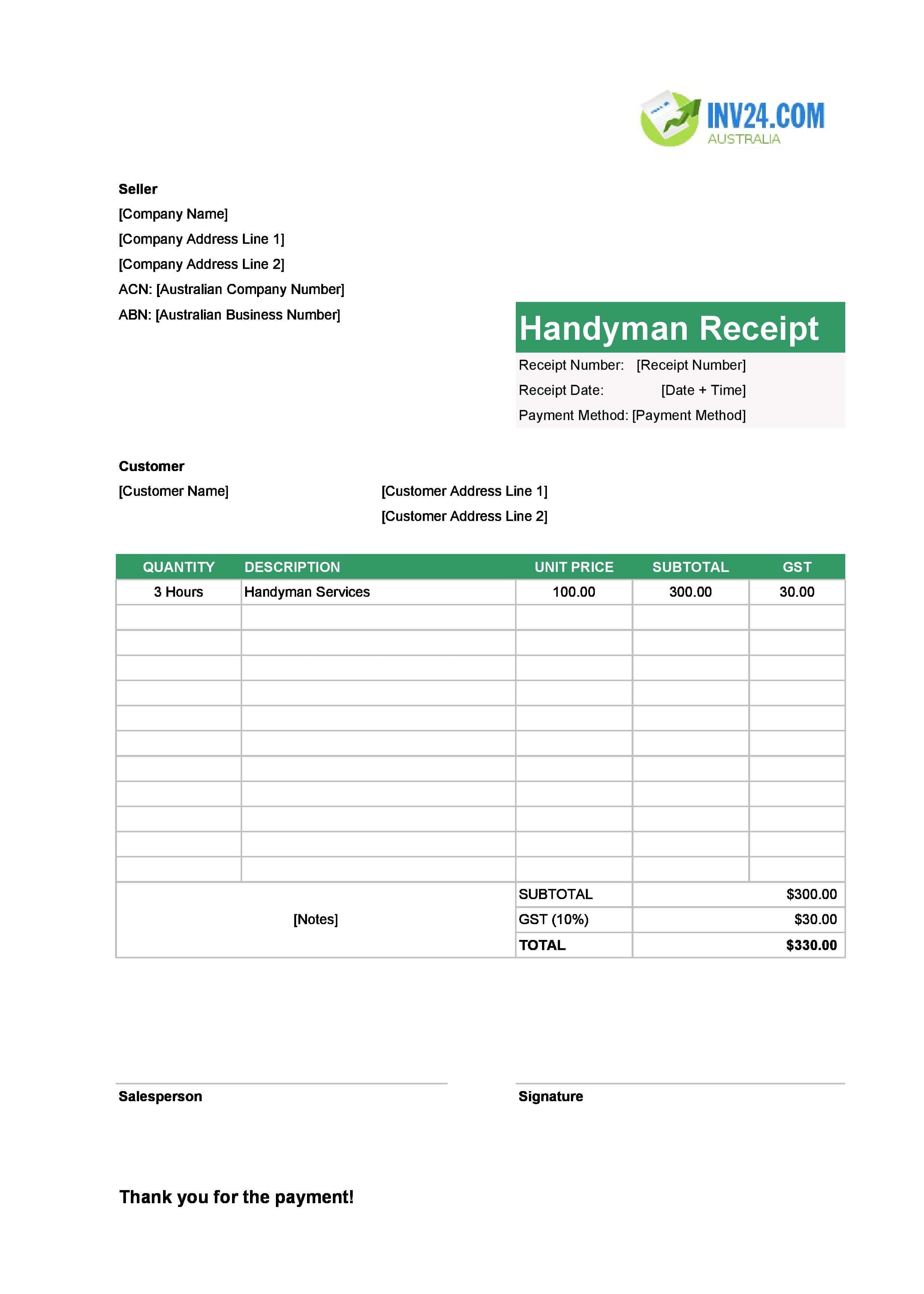 Handyman Receipt Template for Australia (Excel / Google Sheets)