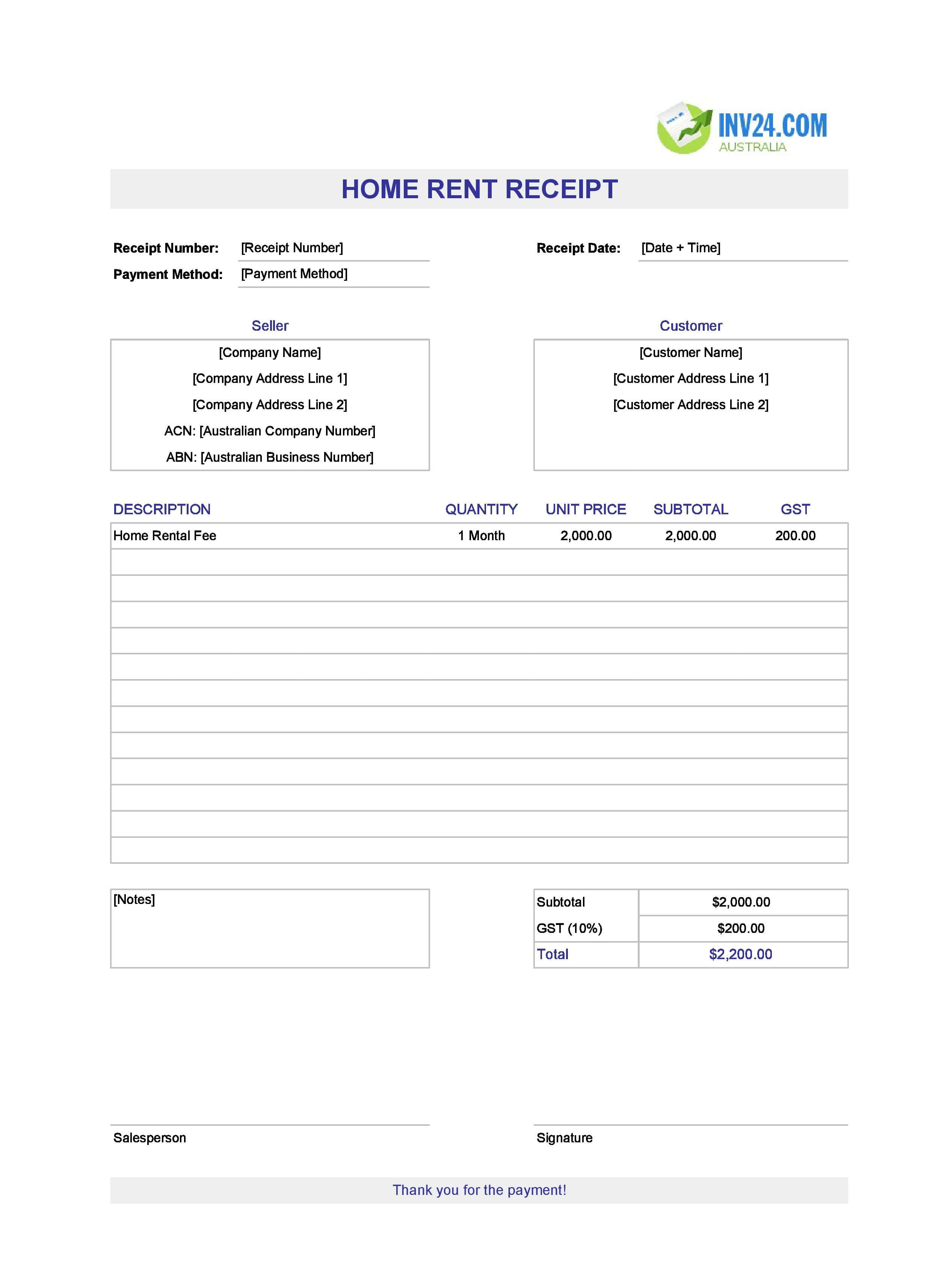 Home Rent Receipt Template for Australia (Excel / Google Sheets)