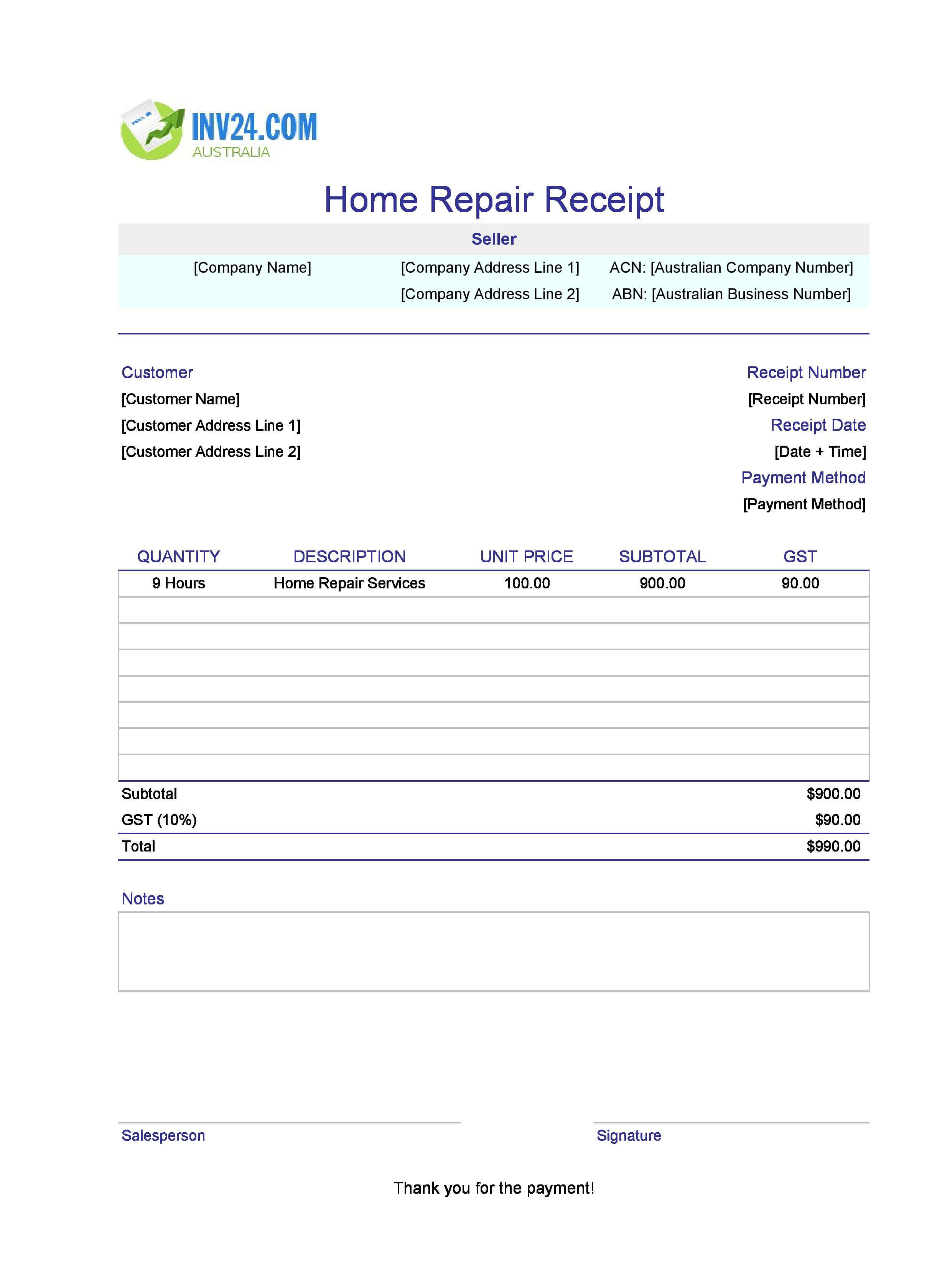 Home Repair Receipt Template for Australia (Excel / Google Sheets)