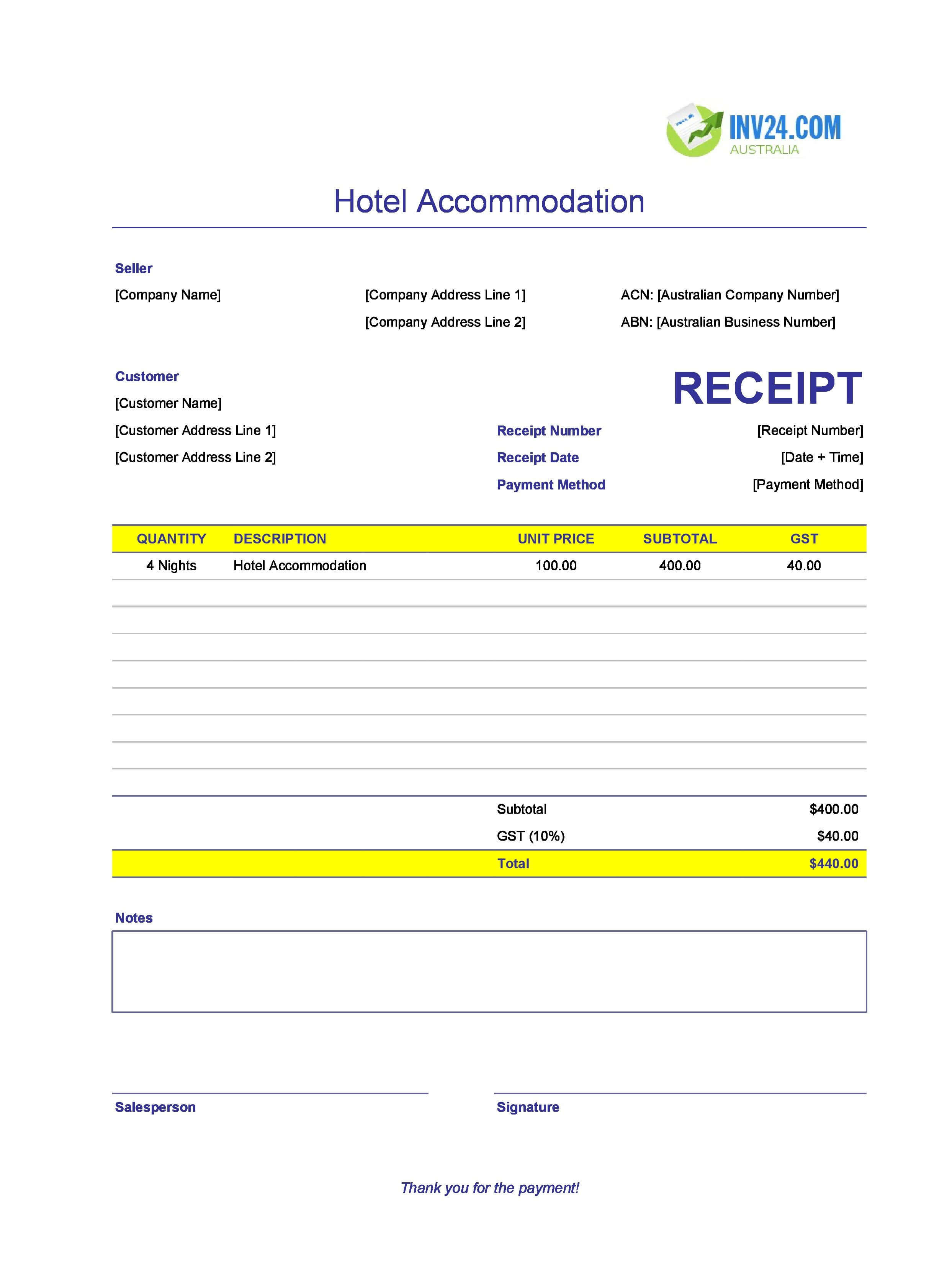 Hotel Accommodation Receipt Template for Australia (Excel / Google Sheets)
