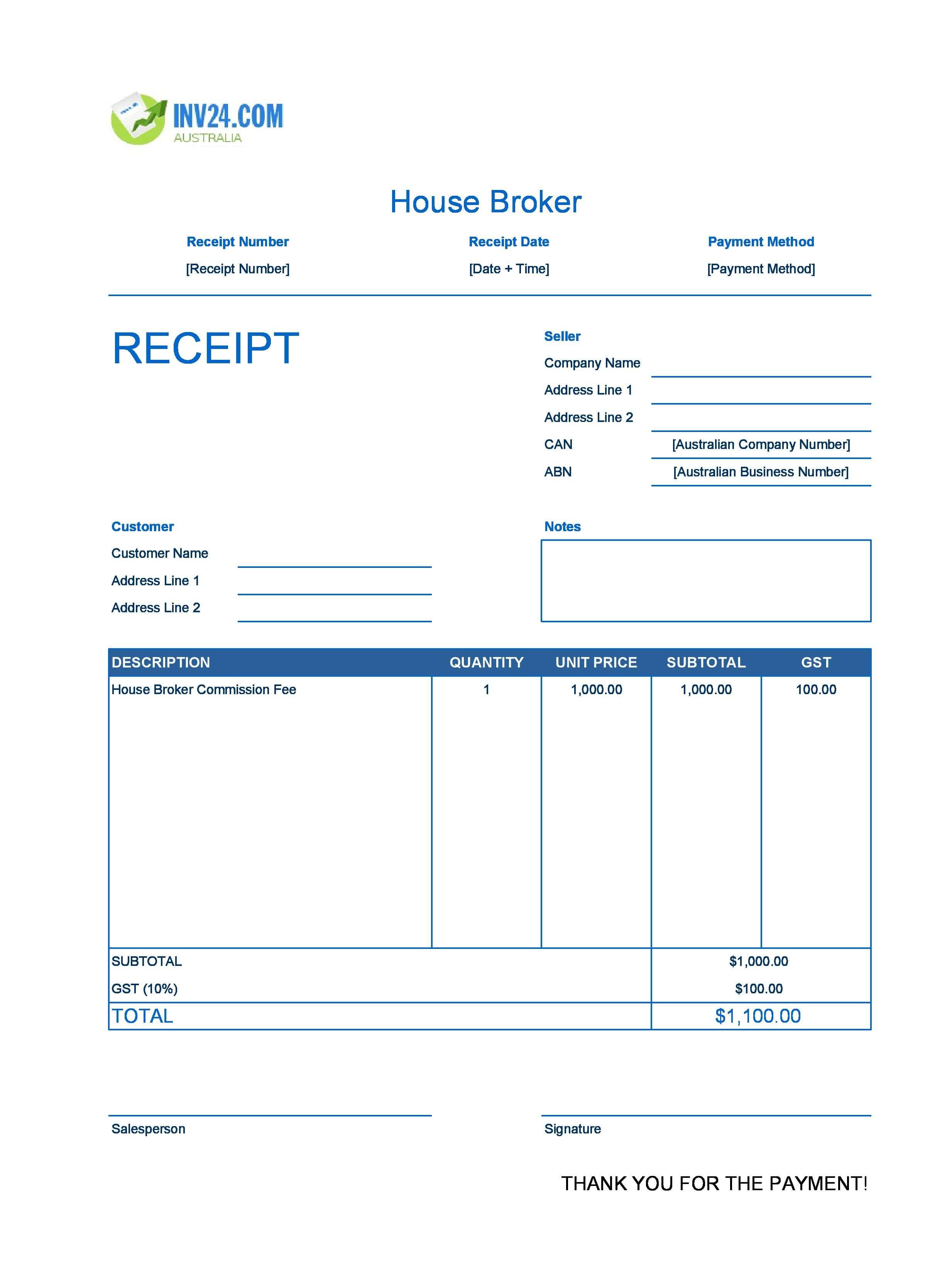 House Broker Receipt Template for Australia (Excel / Google Sheets)