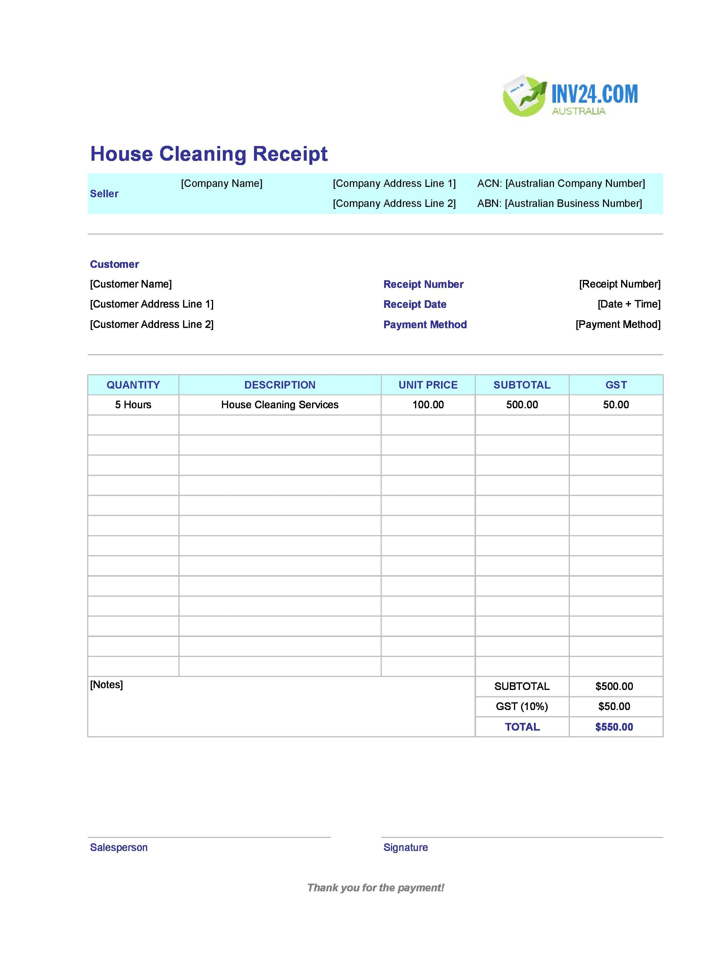 House Cleaning Receipt Template for Australia (Excel / Google Sheets)