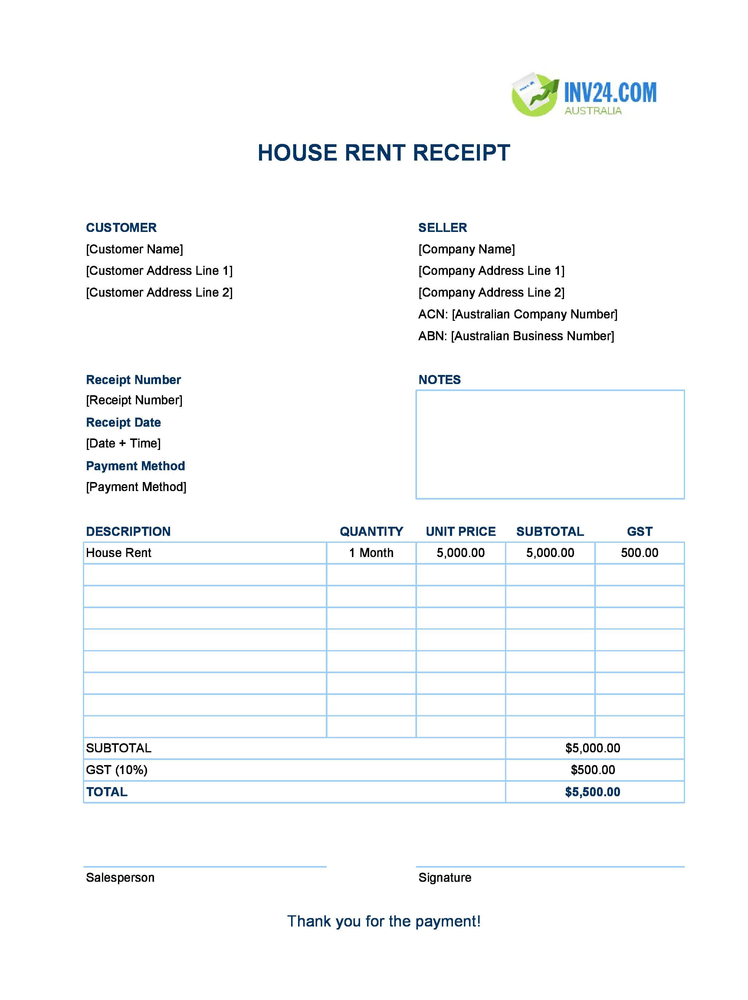 House Rent Receipt Template for Australia (Excel / Google Sheets)