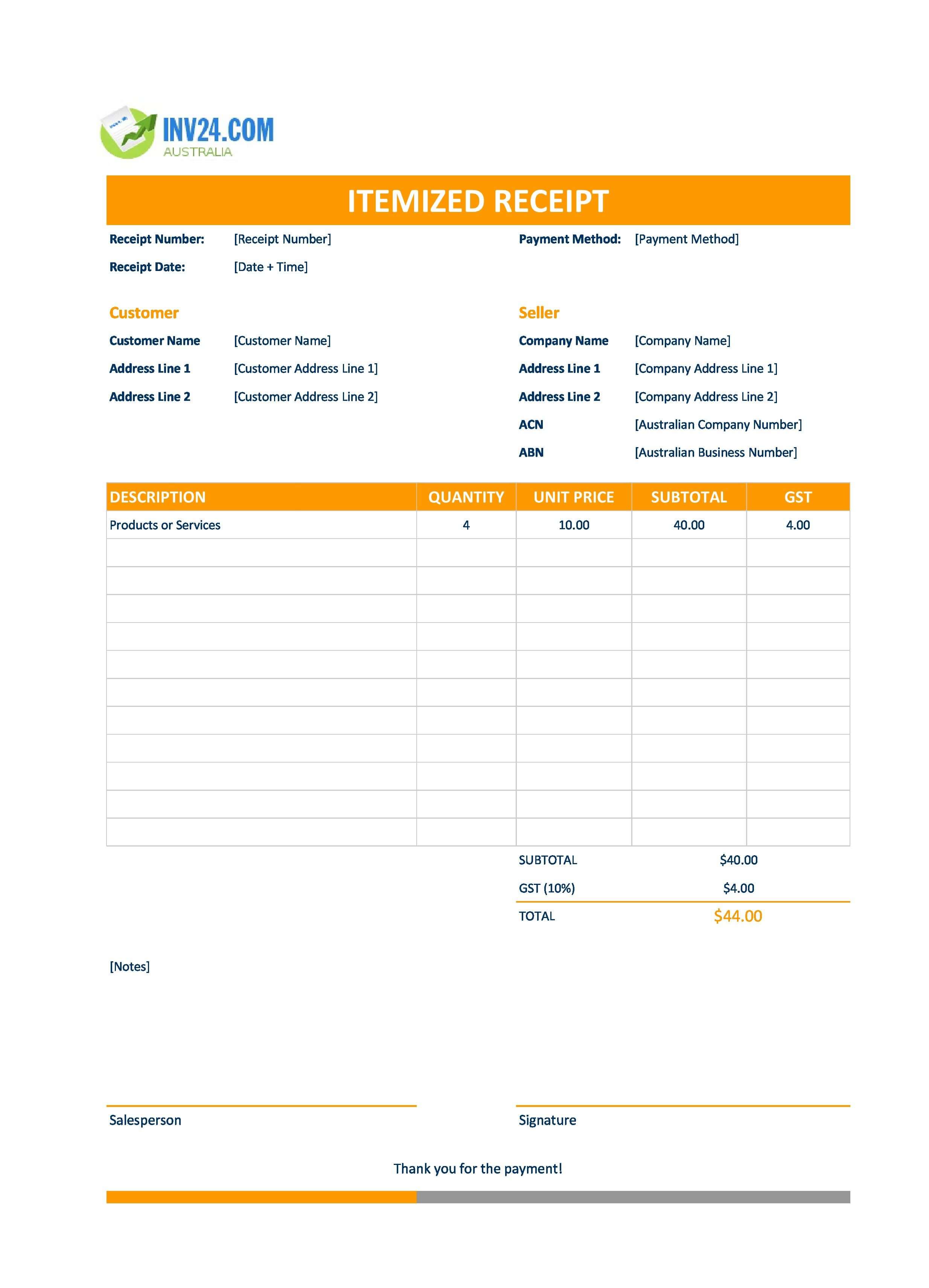 Itemized Receipt Template for Australia (Excel / Google Sheets)