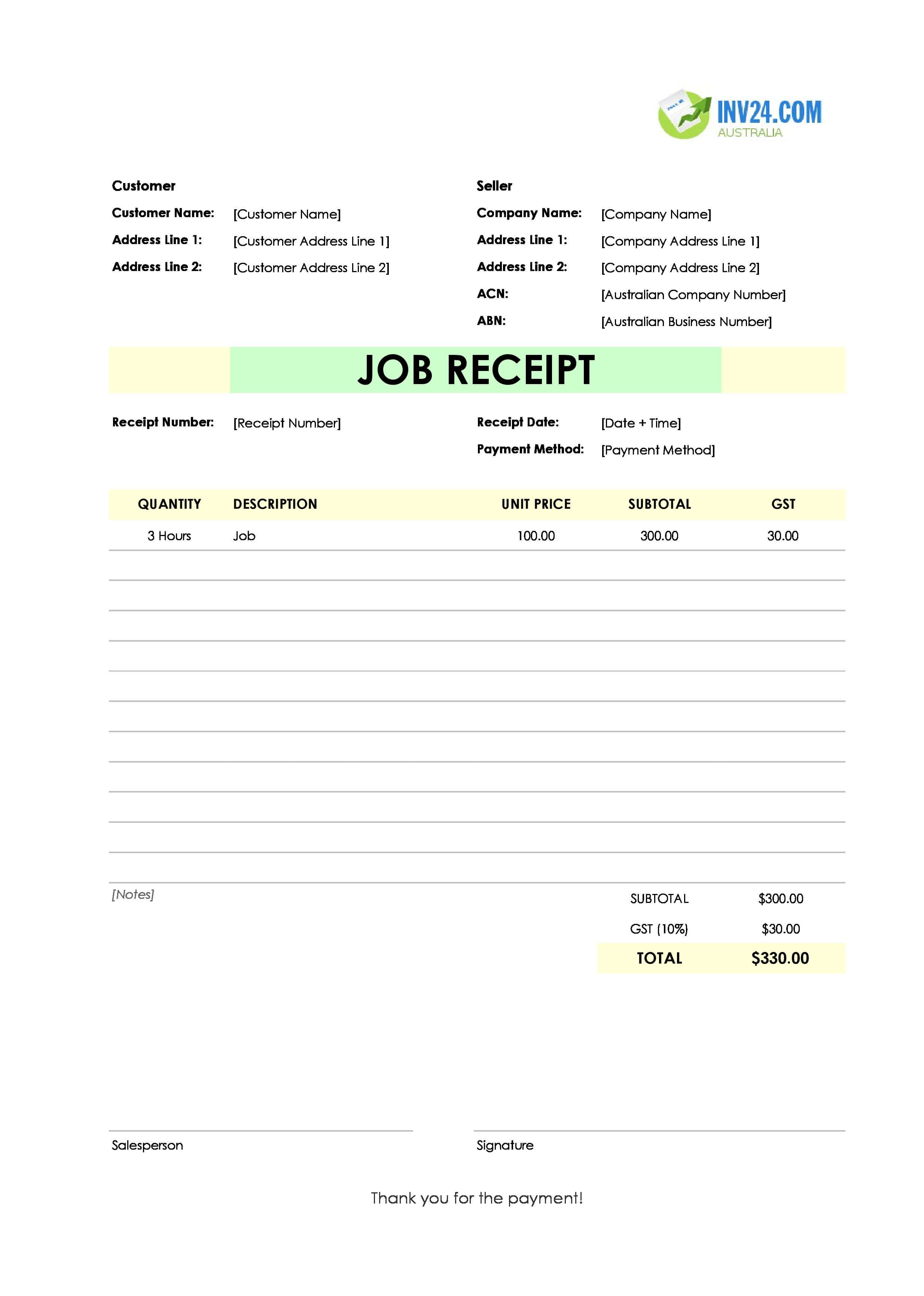 Job Receipt Template for Australia (Excel / Google Sheets)