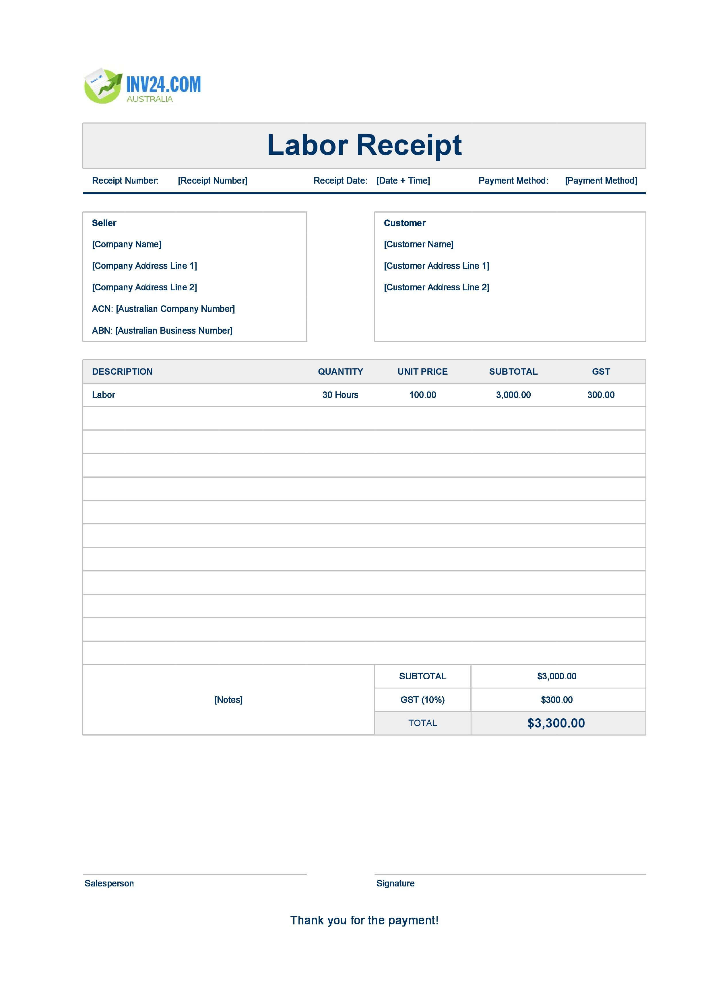 Labor Receipt Template for Australia (Excel / Google Sheets)