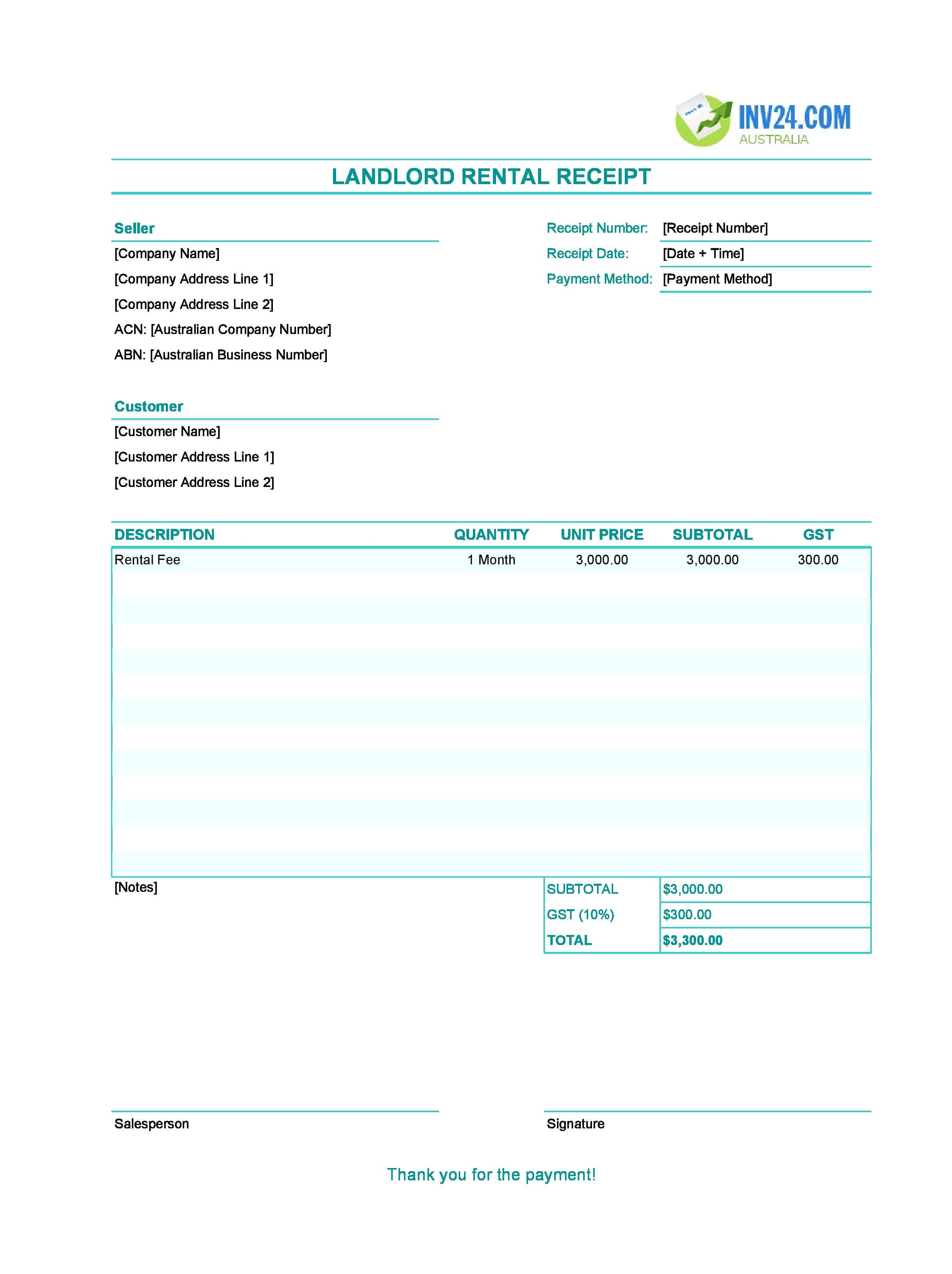 Landlord Rental Receipt Template for Australia (Excel / Google Sheets)