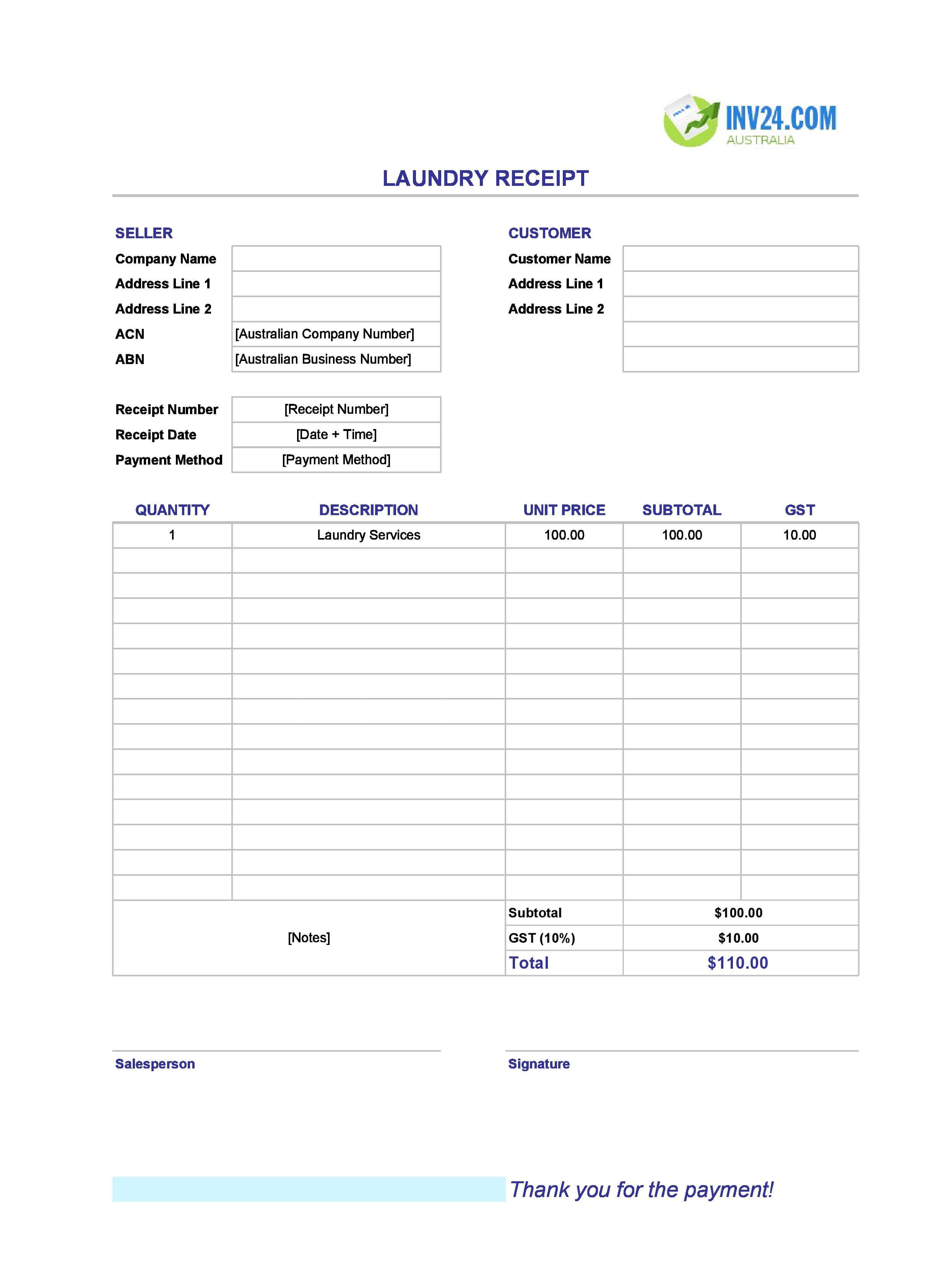 Laundry Receipt Template for Australia (Excel / Google Sheets)