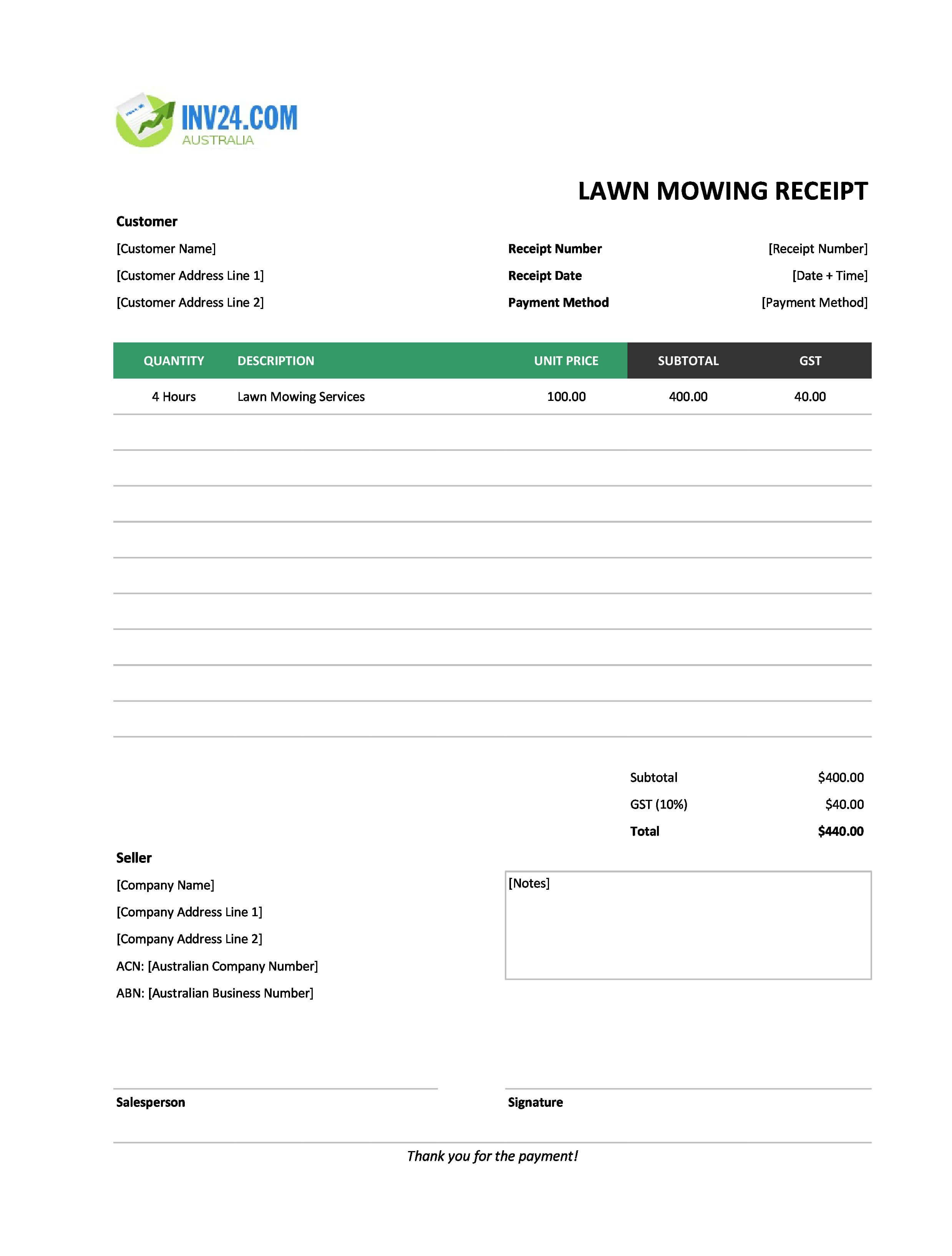 Lawn Mowing Receipt Template for Australia (Excel / Google Sheets)