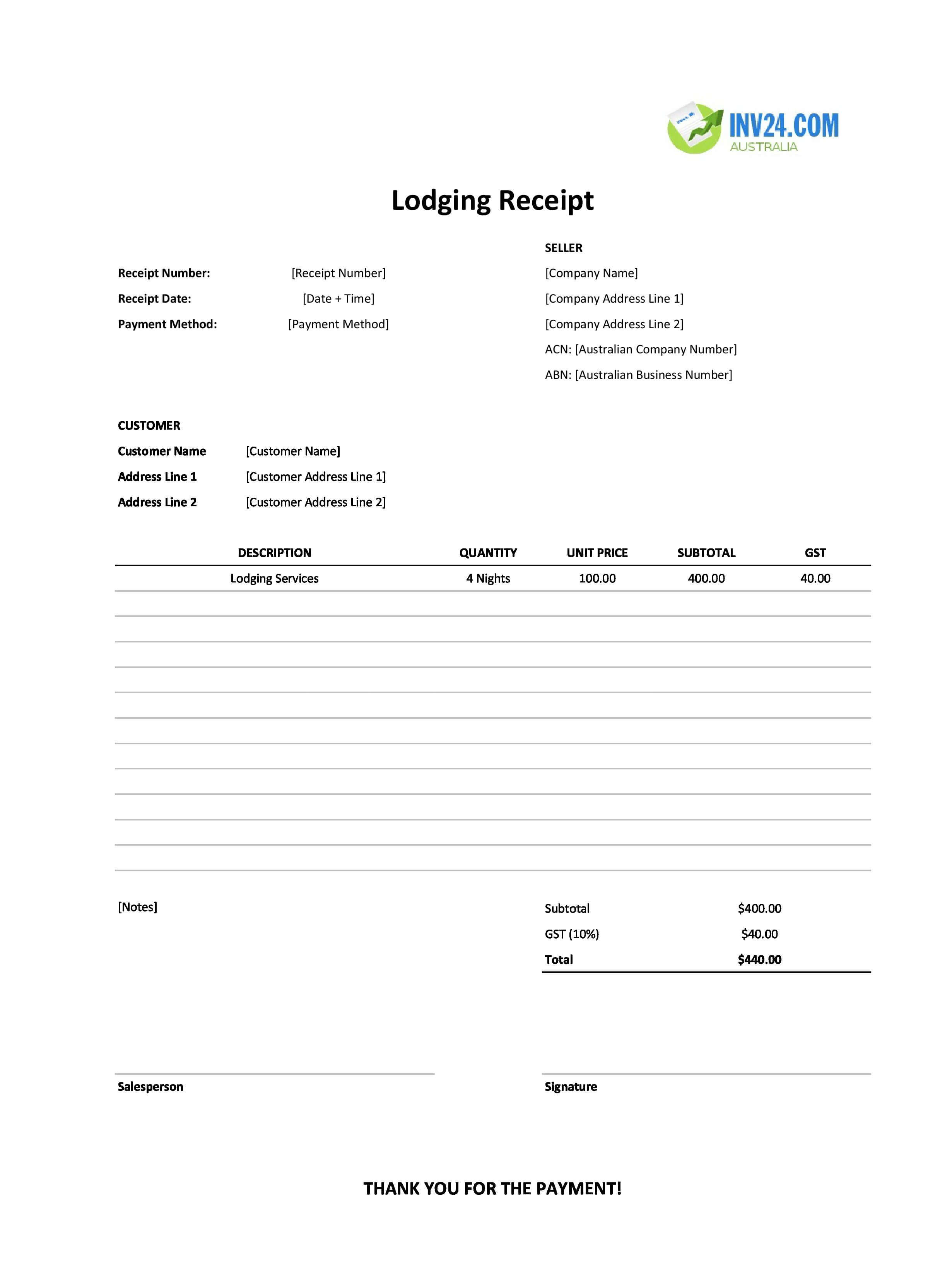 Lodging Receipt Template for Australia (Excel / Google Sheets)