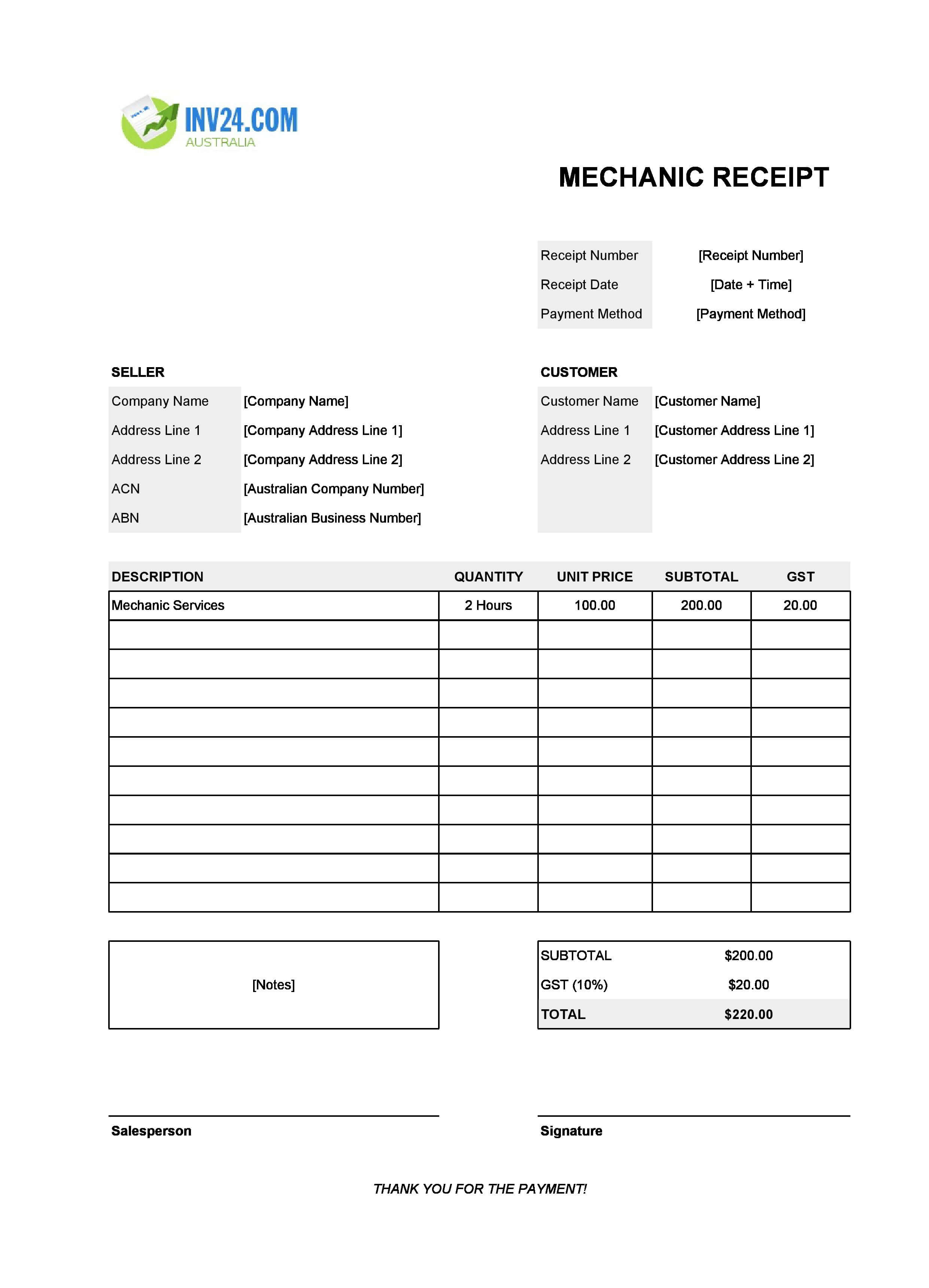 Mechanic Receipt Template for Australia (Excel / Google Sheets)