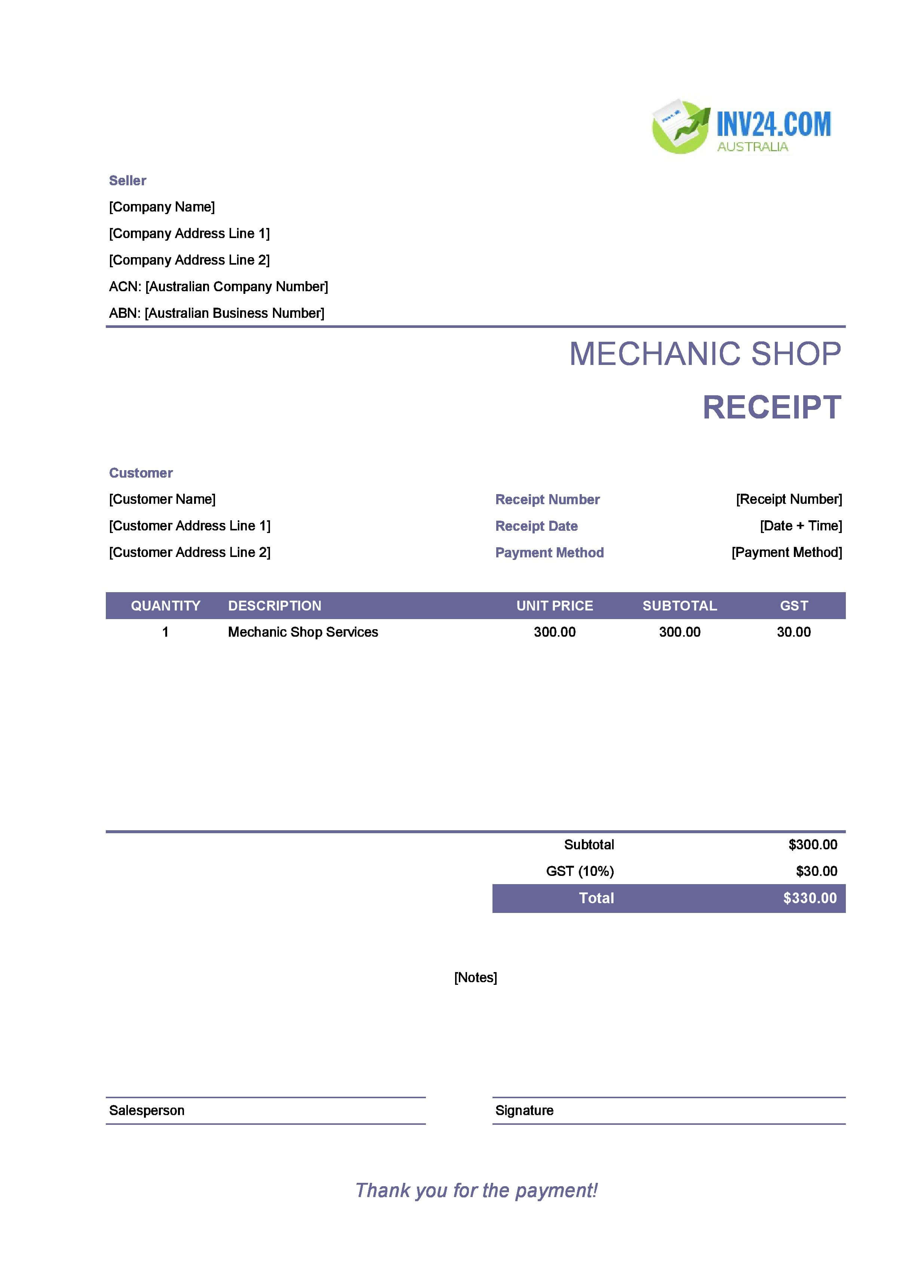 Mechanic Shop Receipt Template for Australia (Excel / Google Sheets)
