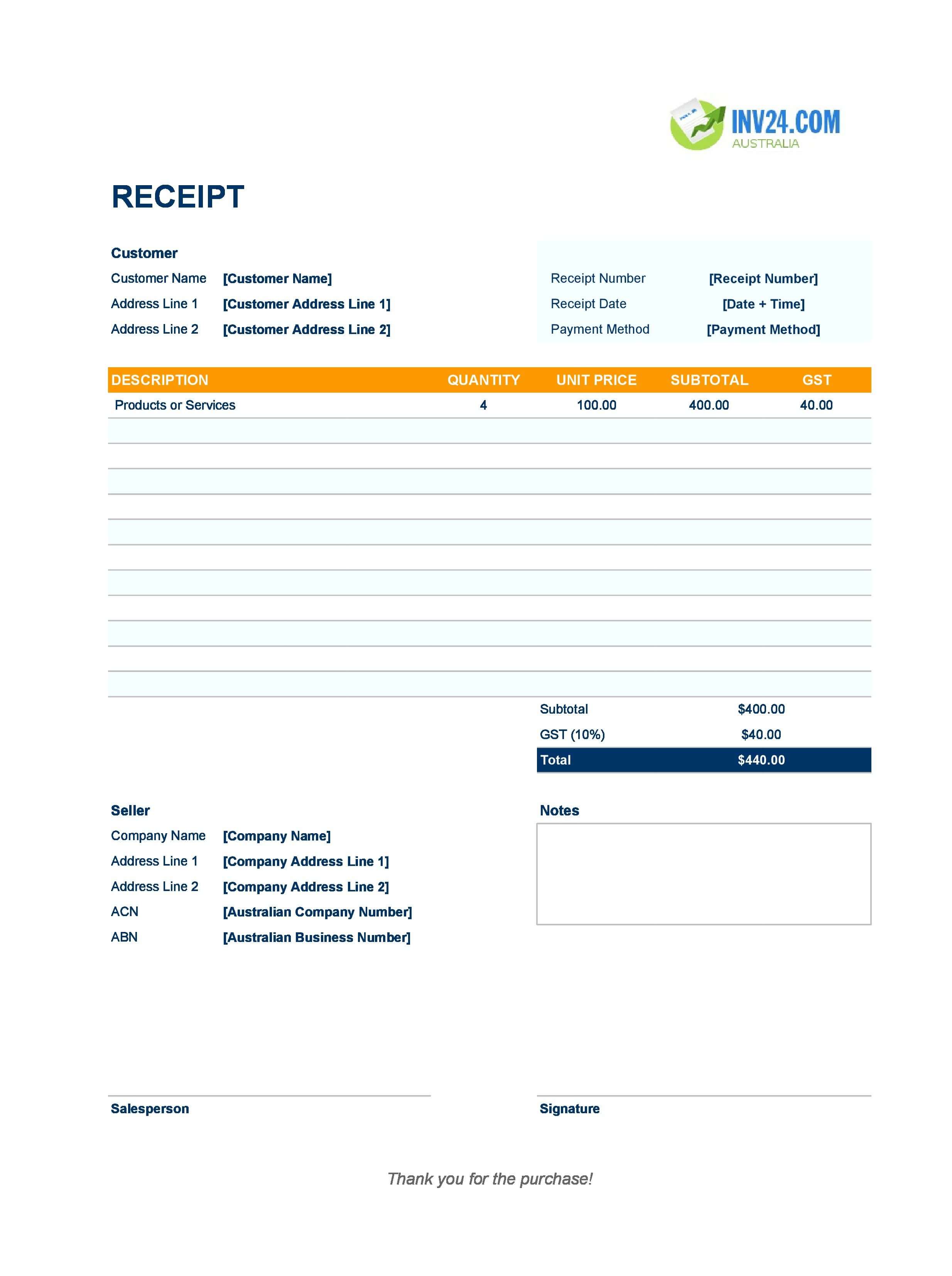 Modern Receipt Template for Australia (Excel / Google Sheets)
