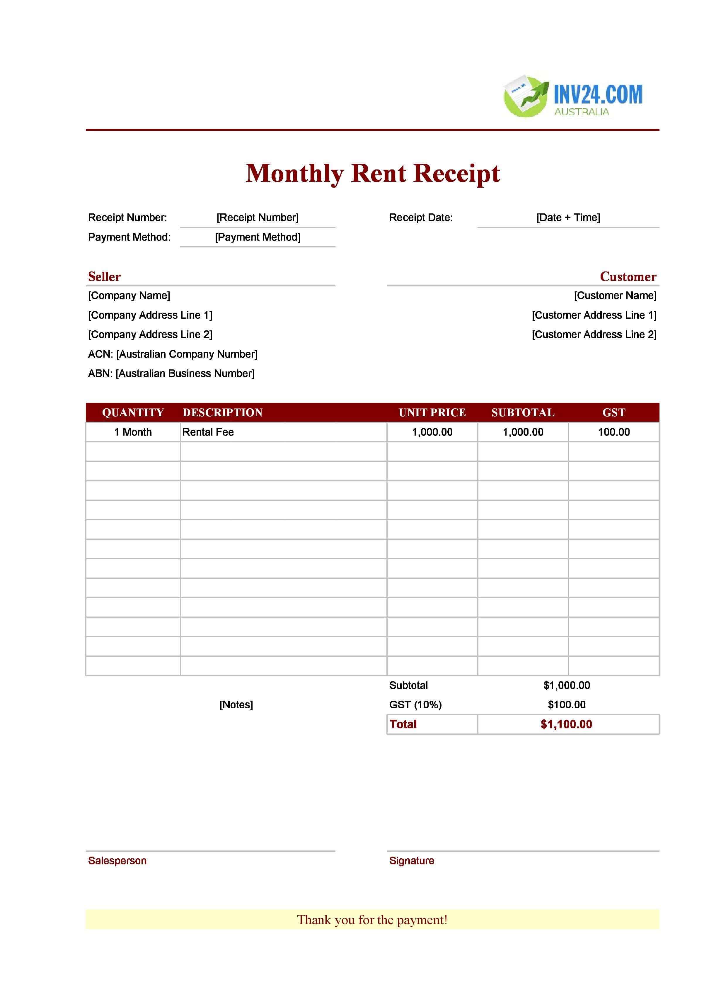 Monthly Rent Receipt Template for Australia (Excel / Google Sheets)