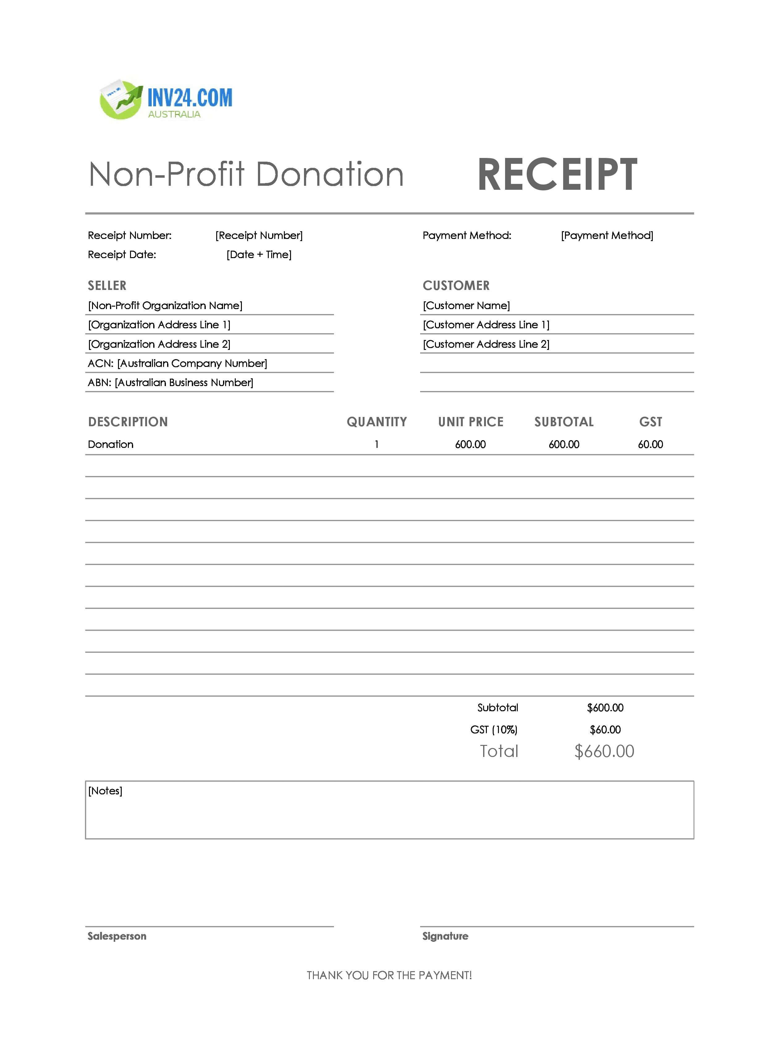 Non-Profit Donation Receipt Template for Australia (Excel / Google Sheets)