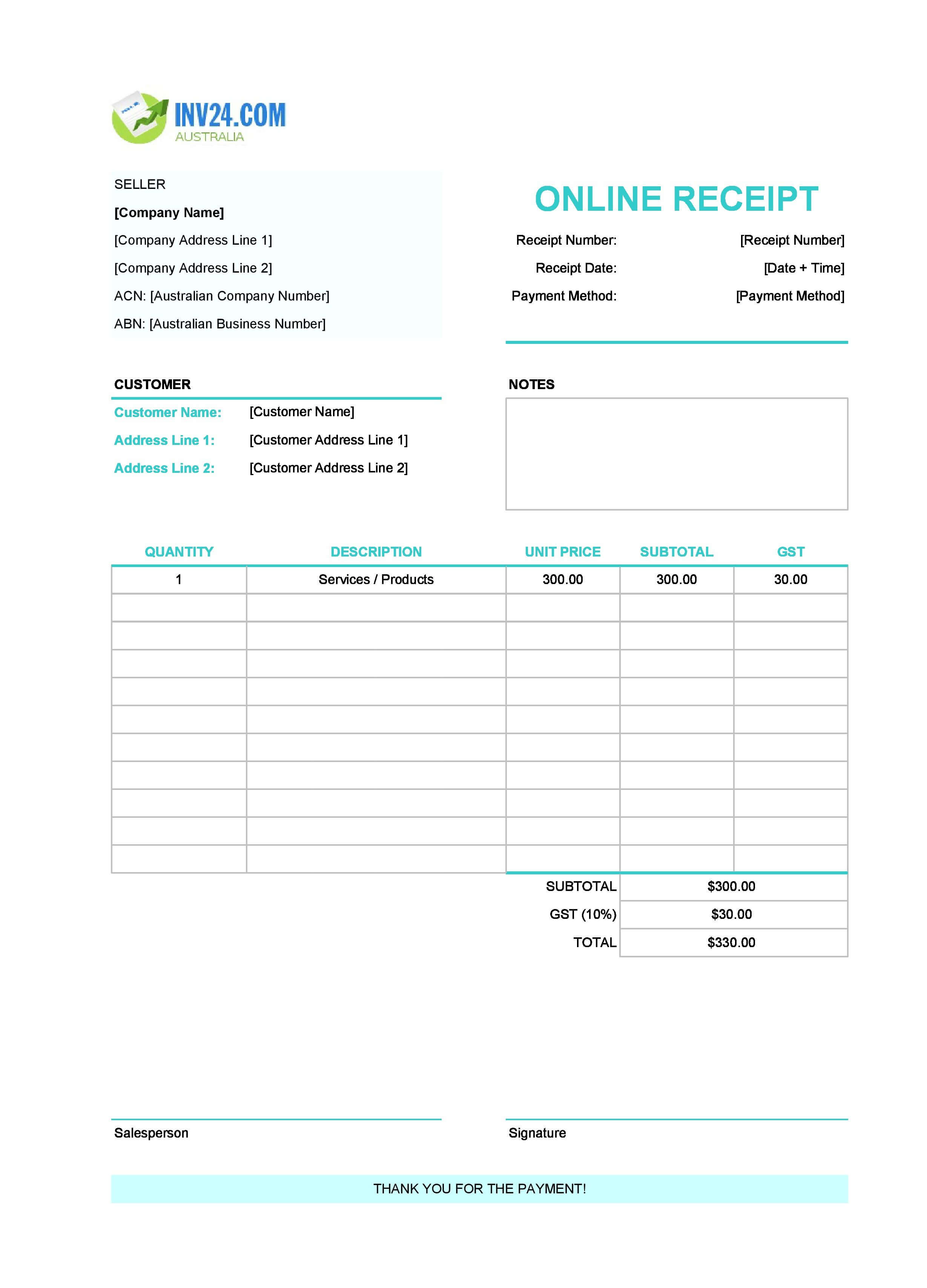 Online Receipt Template for Australia (Excel / Google Sheets)