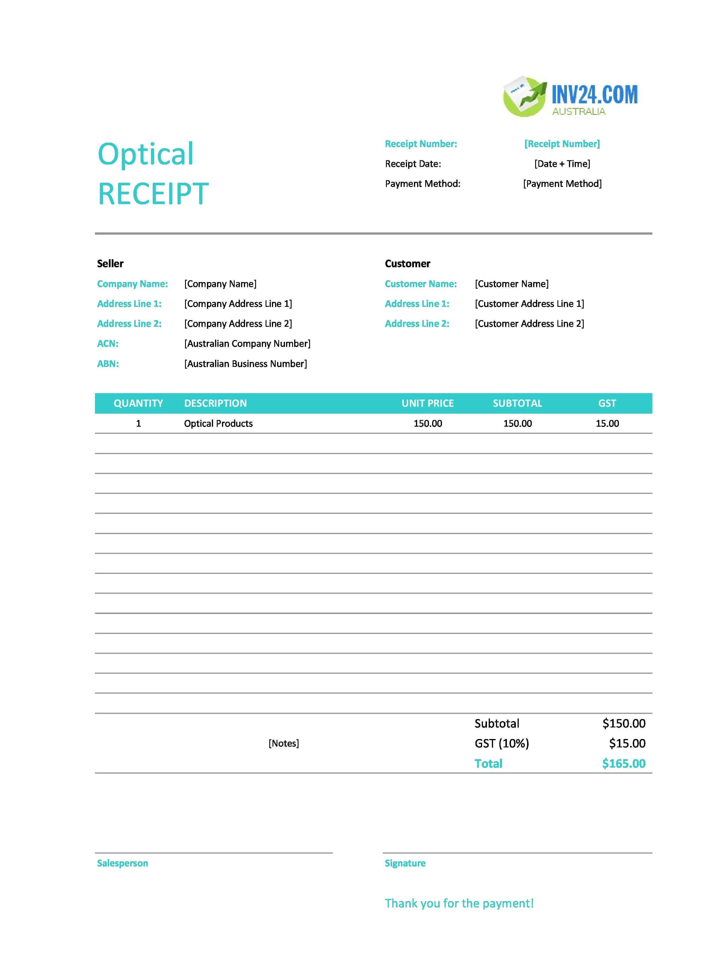 Optical Receipt Template for Australia (Excel / Google Sheets)