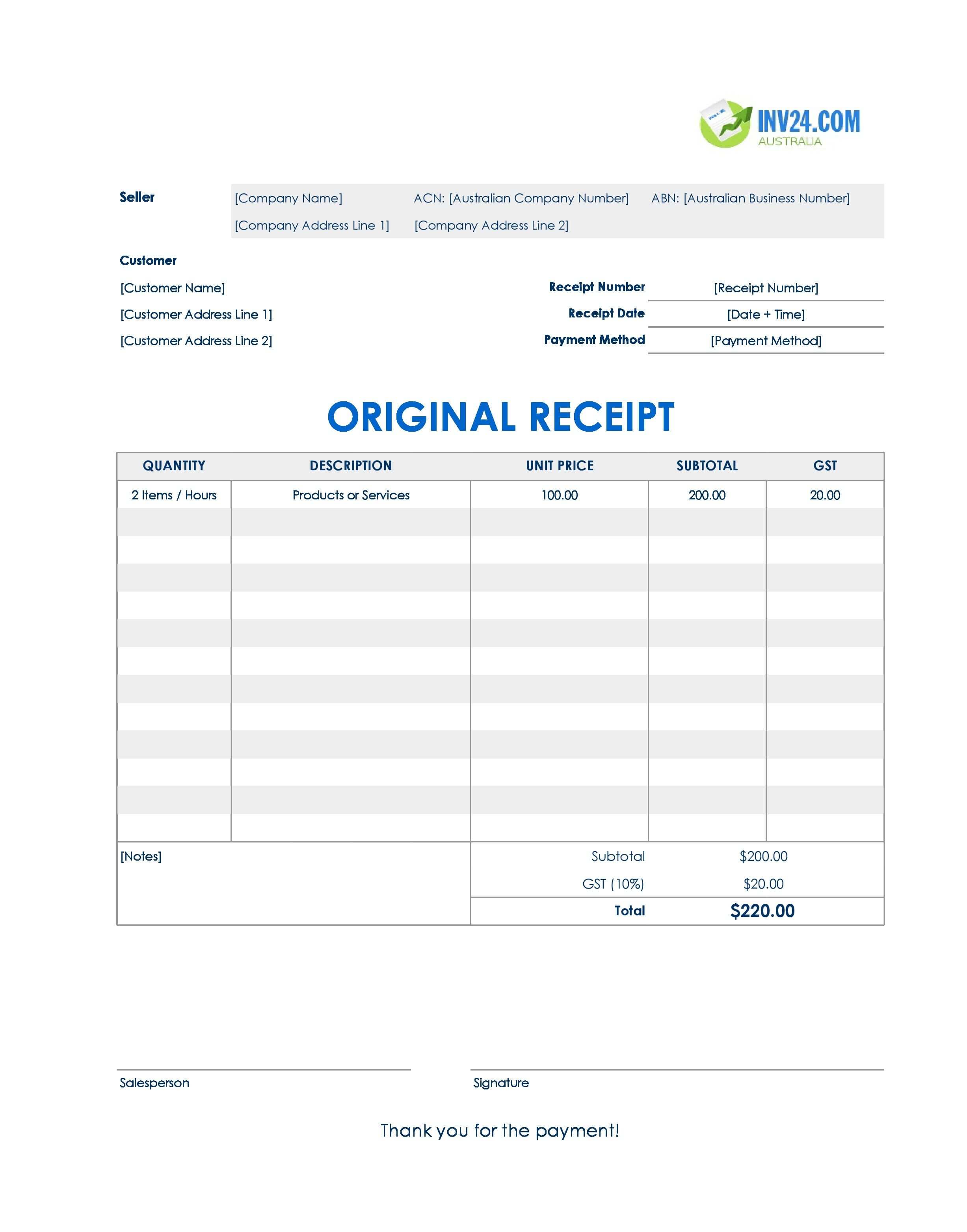 Original Receipt Template for Australia (Excel / Google Sheets)
